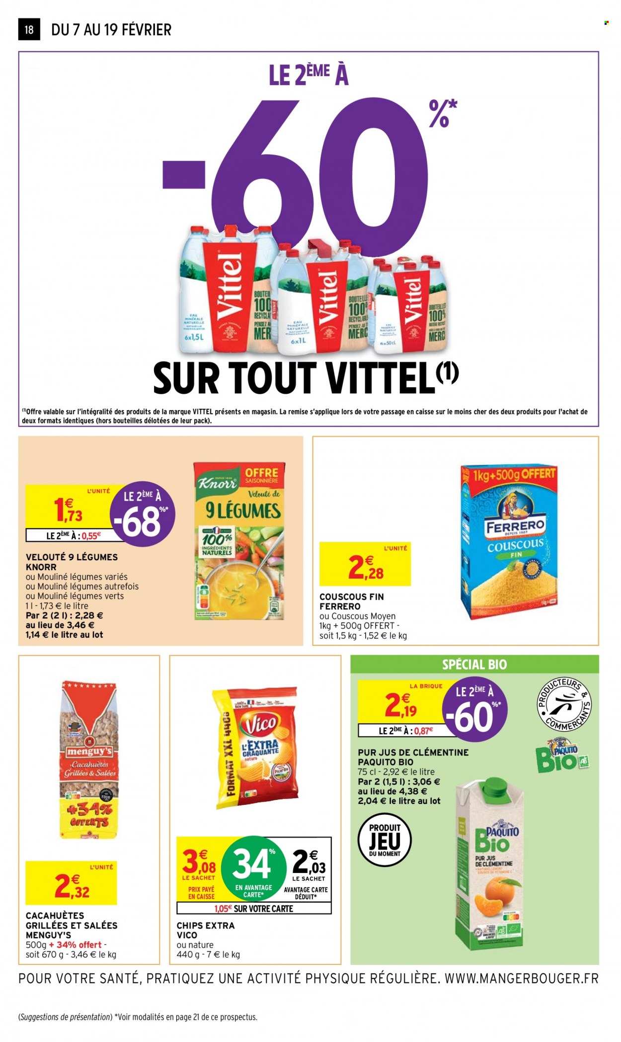 thumbnail - Catalogue Intermarché Contact - 07/02/2023 - 19/02/2023 - Produits soldés - Knorr, velouté, cacahuètes, chips, Vico, jus, couscous, pur jus, Vittel. Page 18.