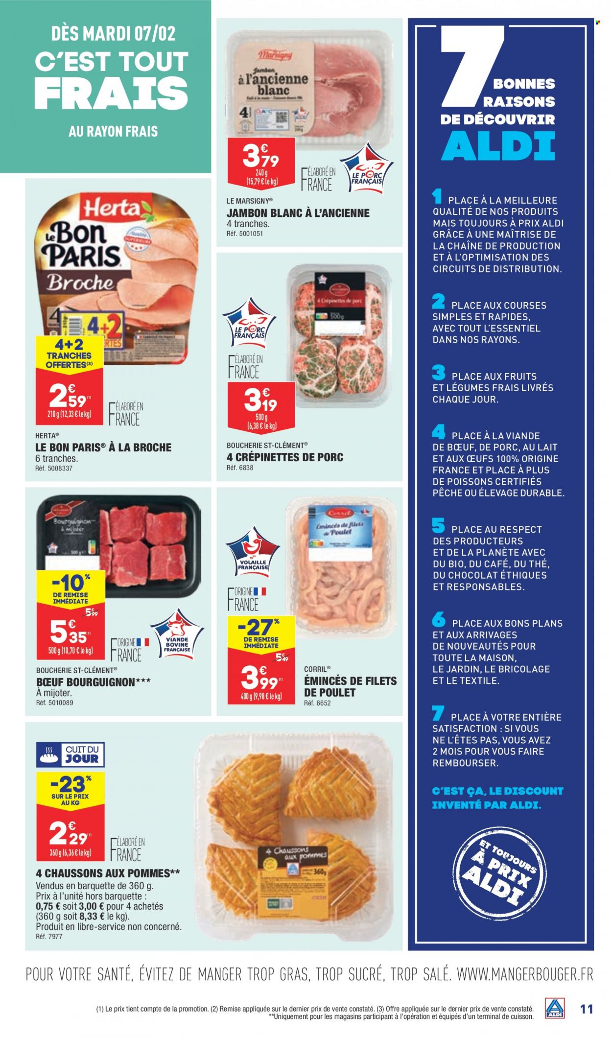 thumbnail - Catalogue ALDI - 07/02/2023 - 13/02/2023 - Produits soldés - chausson, chaussons aux pommes, filet de poulet, viande de poulet, Herta, jambon, jambon blanc, thé. Page 13.