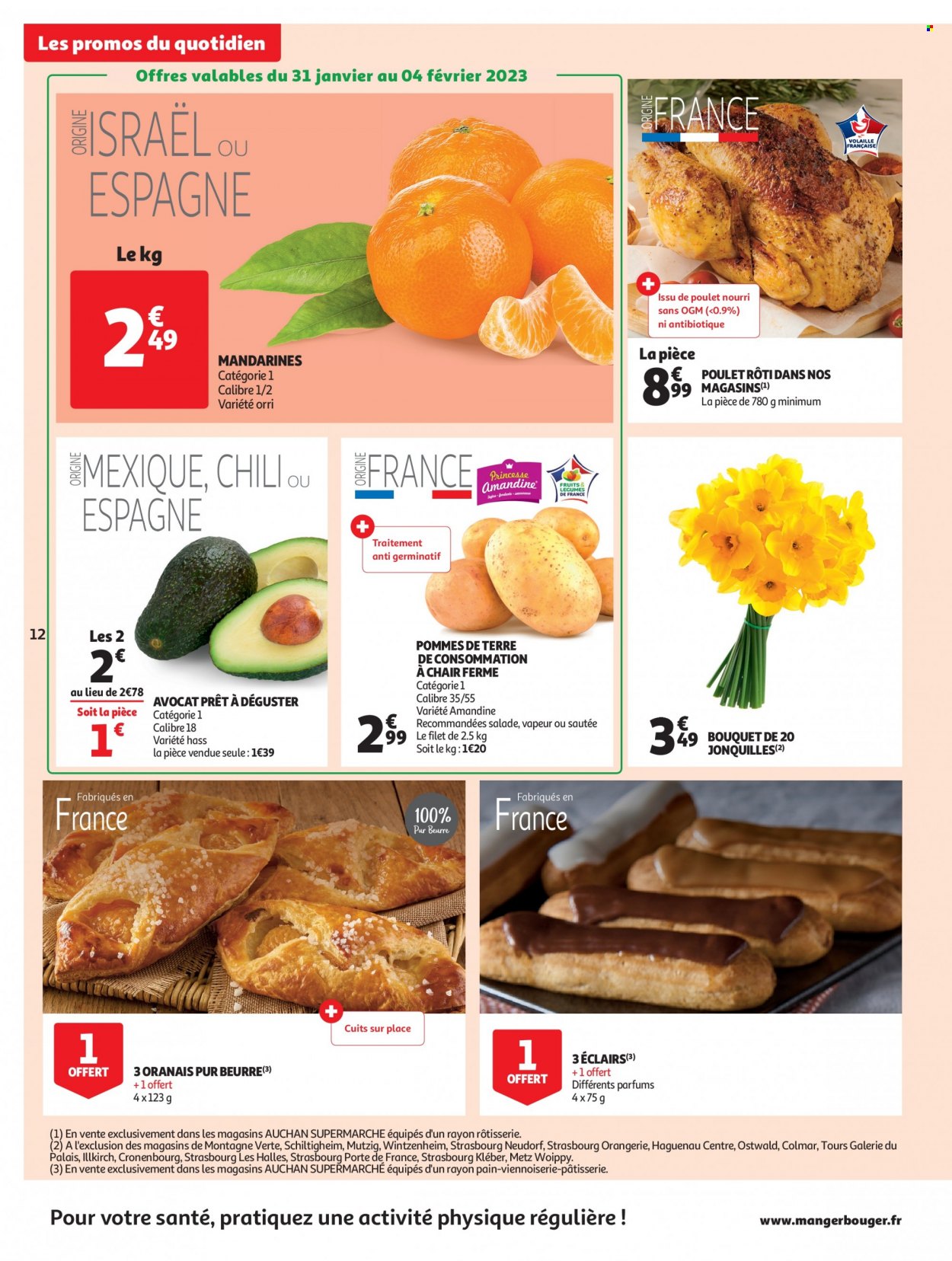 thumbnail - Catalogue Auchan - 31/01/2023 - 12/02/2023 - Produits soldés - mandarines, salade, pommes de terre, éclair, poulet rôti. Page 12.