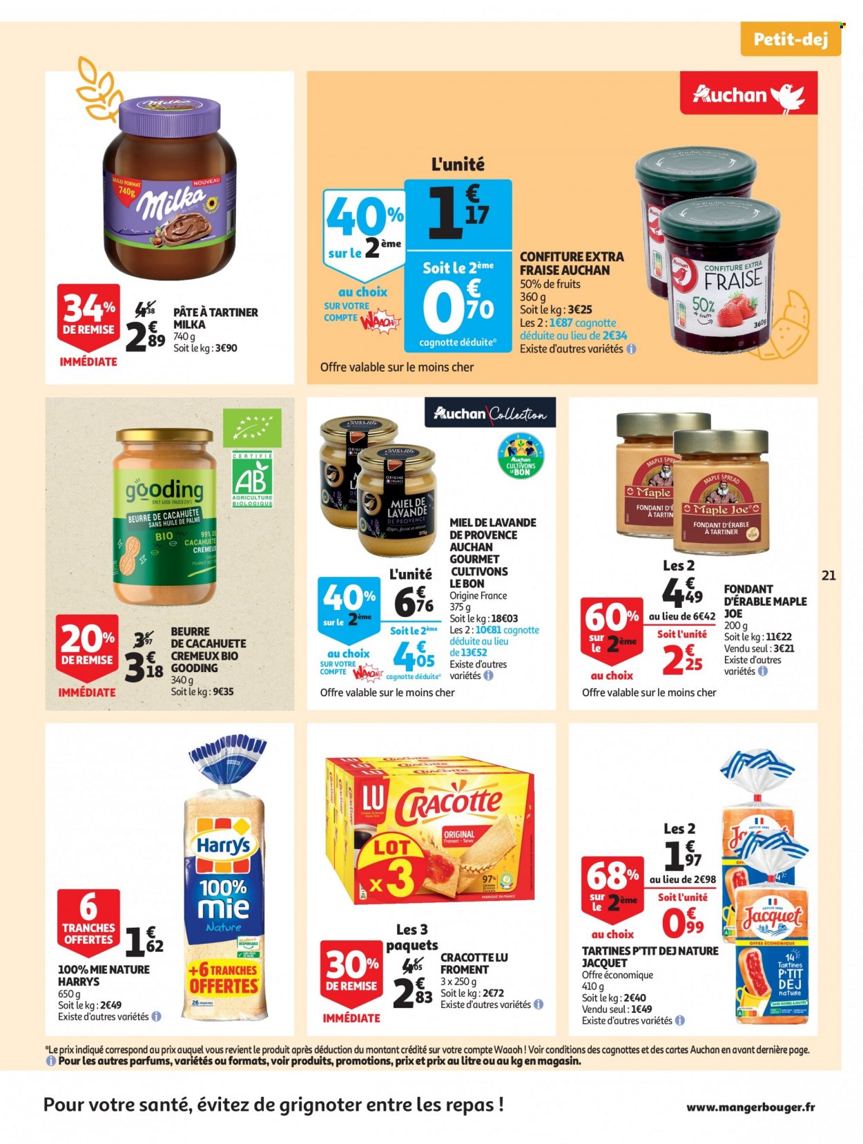 thumbnail - Catalogue Auchan - 31/01/2023 - 12/02/2023 - Produits soldés - pâte à tartiner, Milka, LU, beurre de cacahuète, confiture, miel, lavande. Page 21.