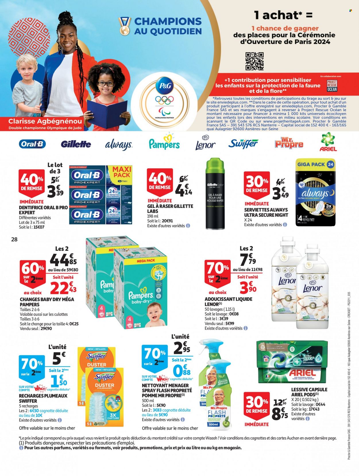 thumbnail - Catalogue Auchan - 31/01/2023 - 12/02/2023 - Produits soldés - jeu, Pampers, Mr. Propre, Ariel, assouplissant, Lenor, lessive, tablettes de lavage, dentifrice, Oral-b, Always, Gillette, gel de rasage, culotte. Page 28.