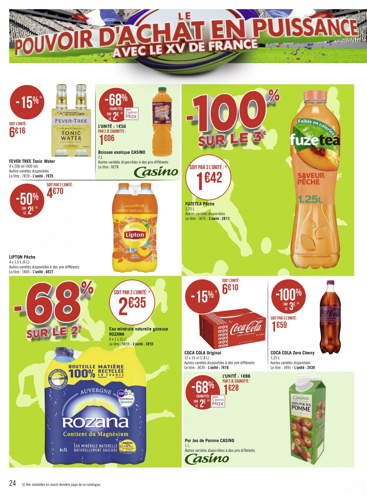 thumbnail - Catalogue Casino Supermarchés - 06/02/2023 - 19/02/2023 - Produits soldés - jus, Coca-Cola, Lipton, pur jus, jus de pomme, tonic, eau minérale, eau minérale naturelle. Page 24.