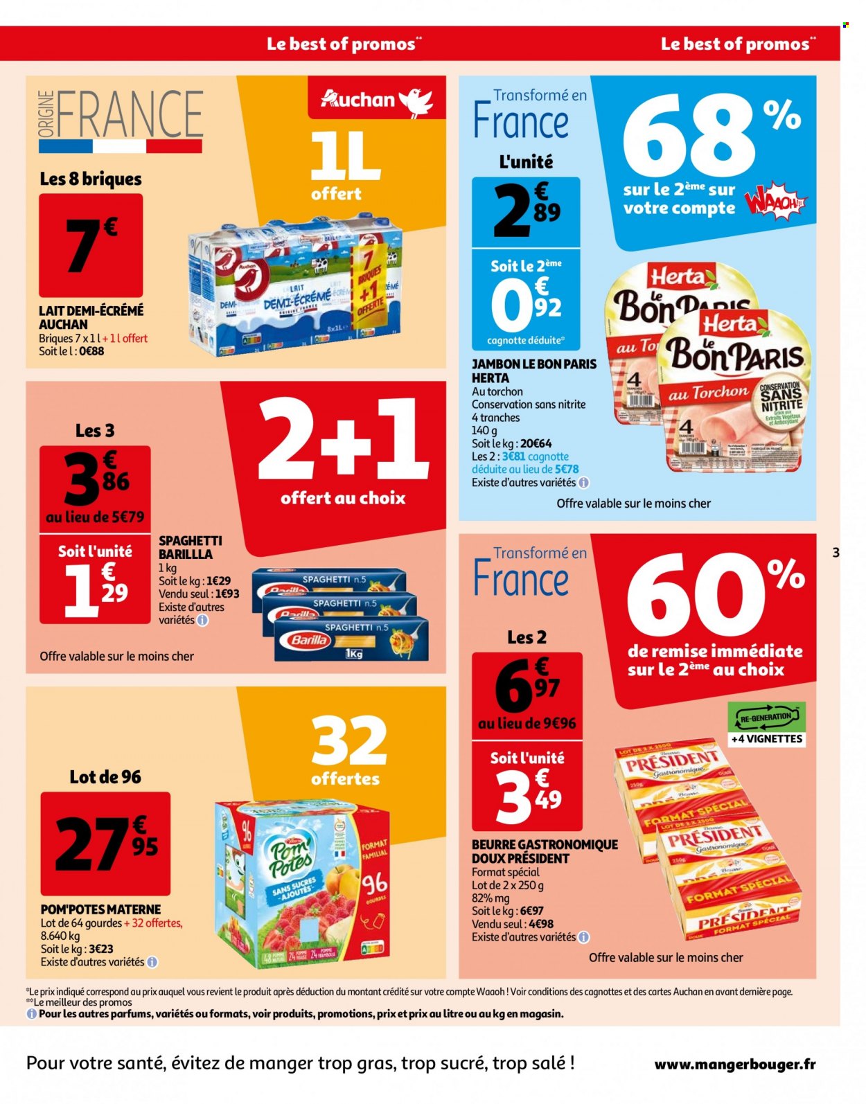 thumbnail - Catalogue Auchan - 07/02/2023 - 13/02/2023 - Produits soldés - Herta, jambon, Président, lait, lait demi-écrémé, beurre, Barilla, Pom'Potes. Page 3.