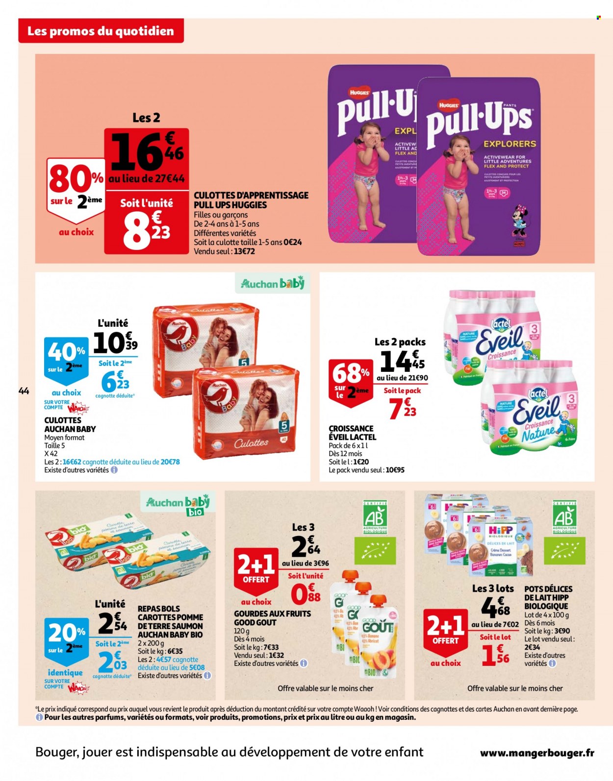 thumbnail - Catalogue Auchan - 07/02/2023 - 13/02/2023 - Produits soldés - carotte, dessert, crème dessert, Lactel, Hipp, gourdes aux fruits, Huggies, BIC, pull, culotte. Page 44.