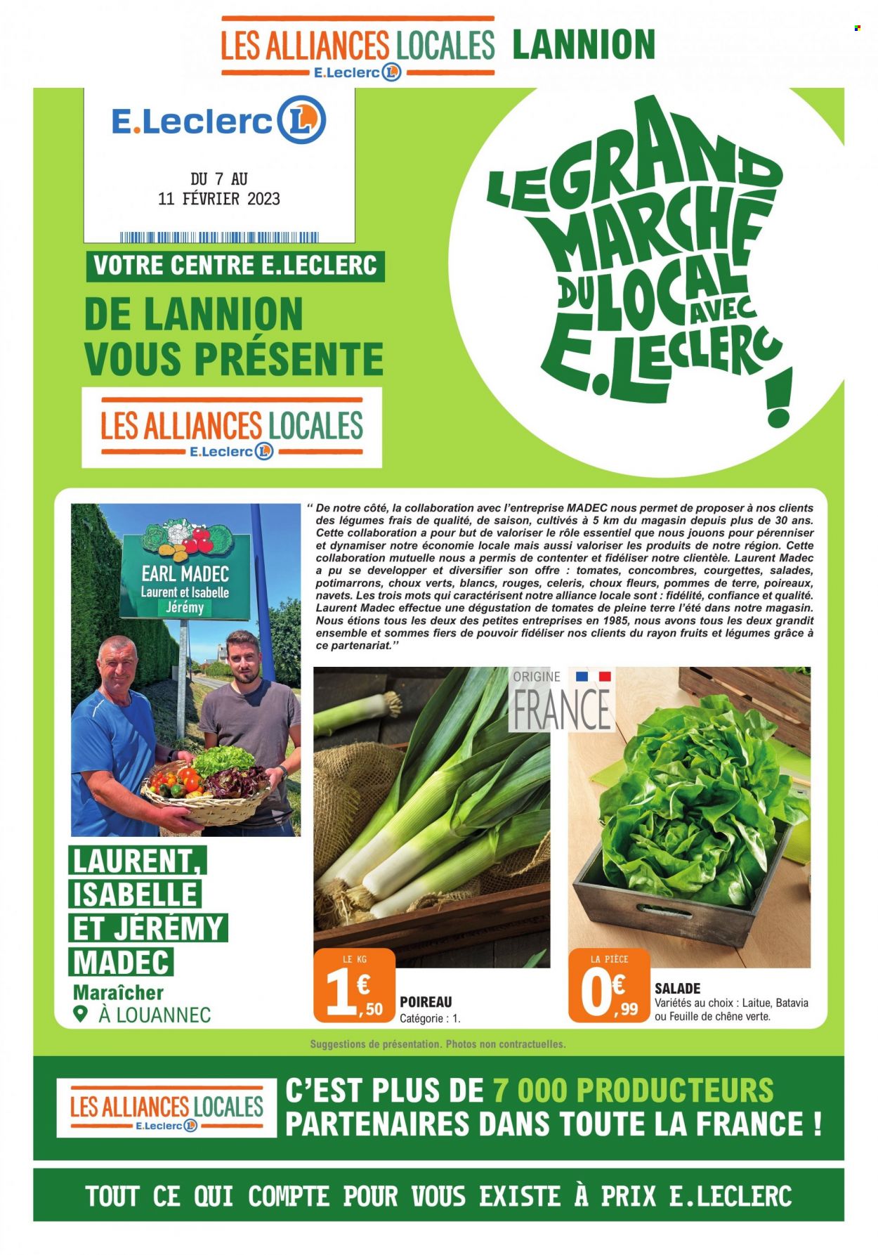 thumbnail - Catalogue E.Leclerc - 07/02/2023 - 11/02/2023 - Produits soldés - salade, salade batavia, concombre, courgette, poireau, pommes de terre, fleur. Page 1.
