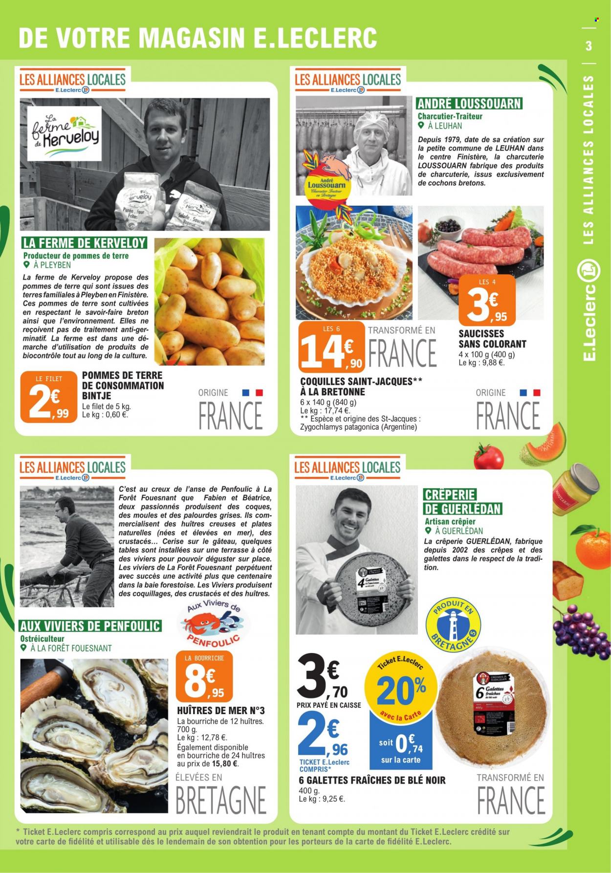 thumbnail - Catalogue E.Leclerc - 07/02/2023 - 11/02/2023 - Produits soldés - table, salade, crêpes, coquilles Saint-Jacques, huître, moules, saucisse, frites, moutarde, four. Page 3.