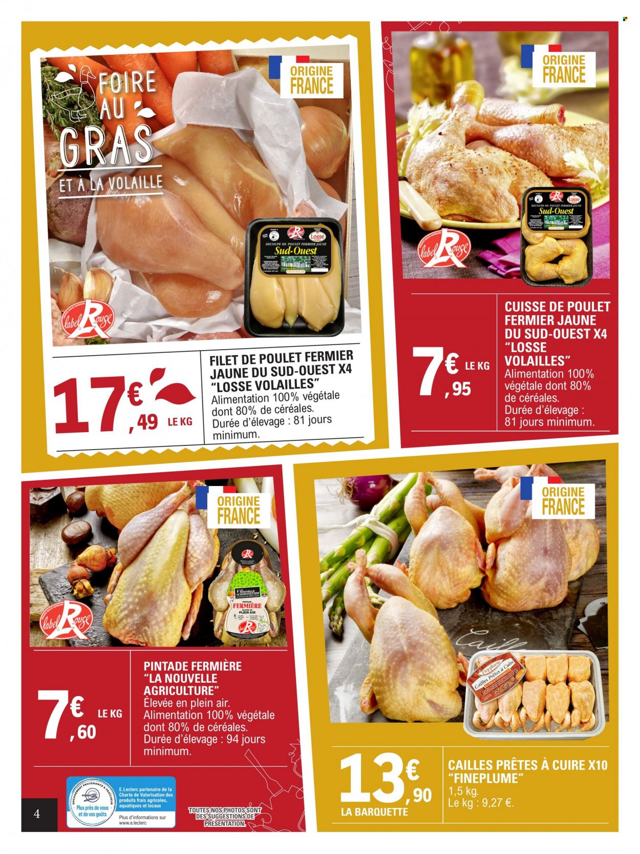 thumbnail - Catalogue E.Leclerc - 07/02/2023 - 18/02/2023 - Produits soldés - filet de poulet, pintade, cailles, viande de poulet, viande de cailles, cuisse de poulet. Page 4.