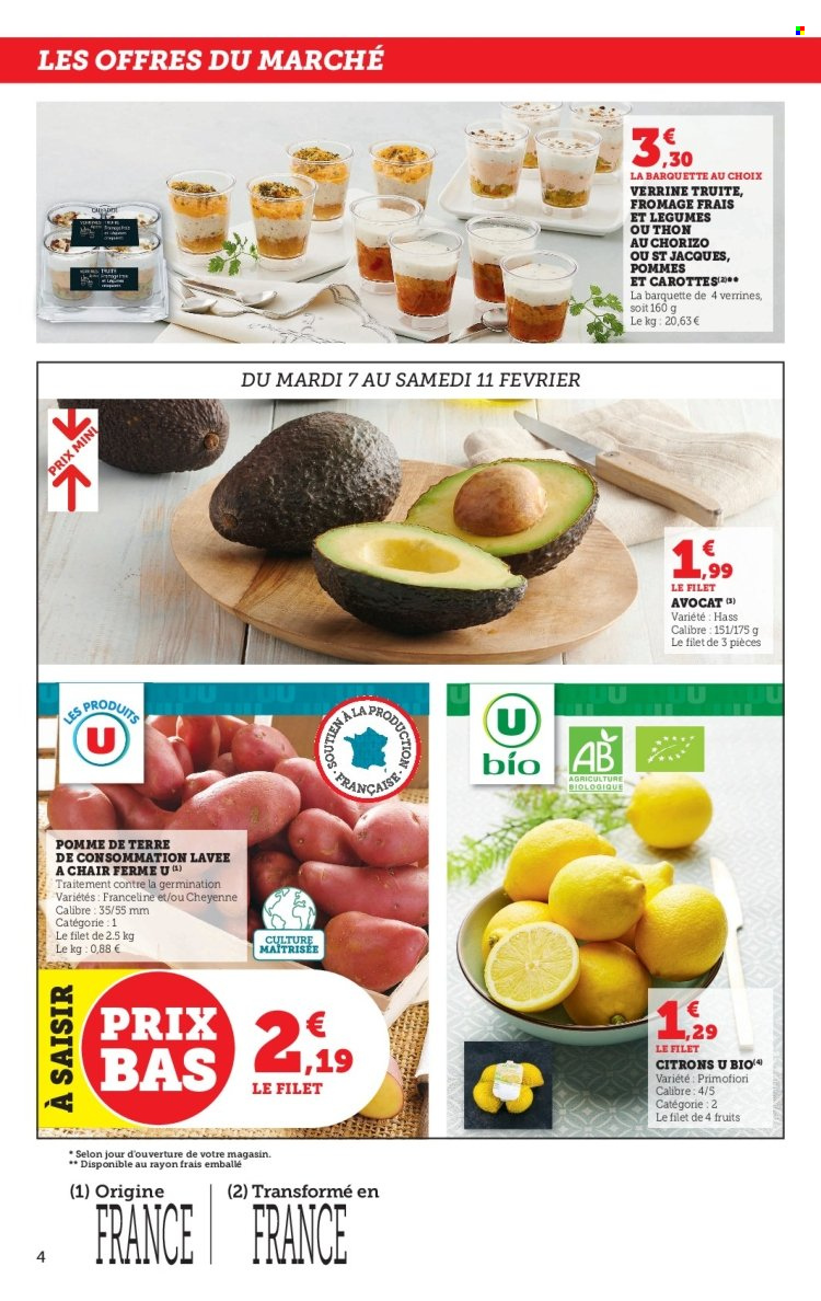 thumbnail - Catalogue U express - 07/02/2023 - 19/02/2023 - Produits soldés - avocat, carotte, pommes de terre, truite, fromage, fromage frais. Page 4.