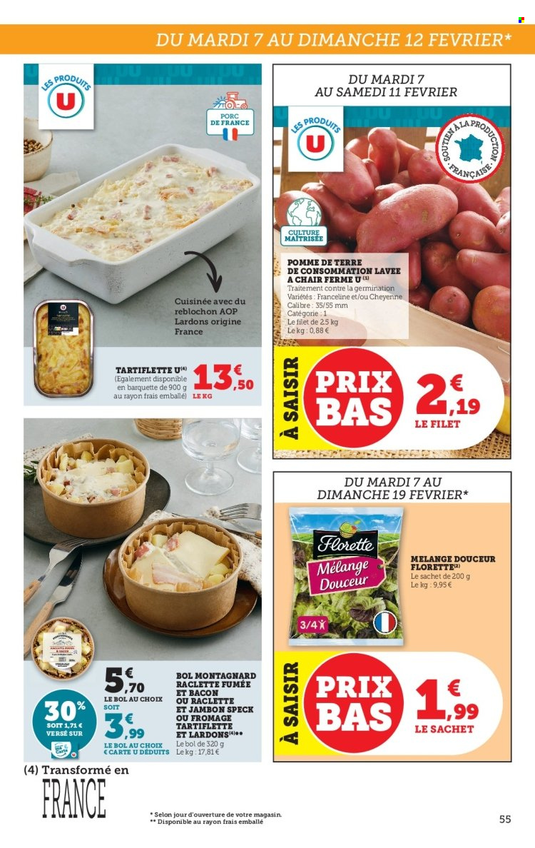 thumbnail - Catalogue HYPER U - 07/02/2023 - 19/02/2023 - Produits soldés - pommes de terre, tartiflette, bacon, Reblochon, fromage à raclette, La Raclette. Page 55.