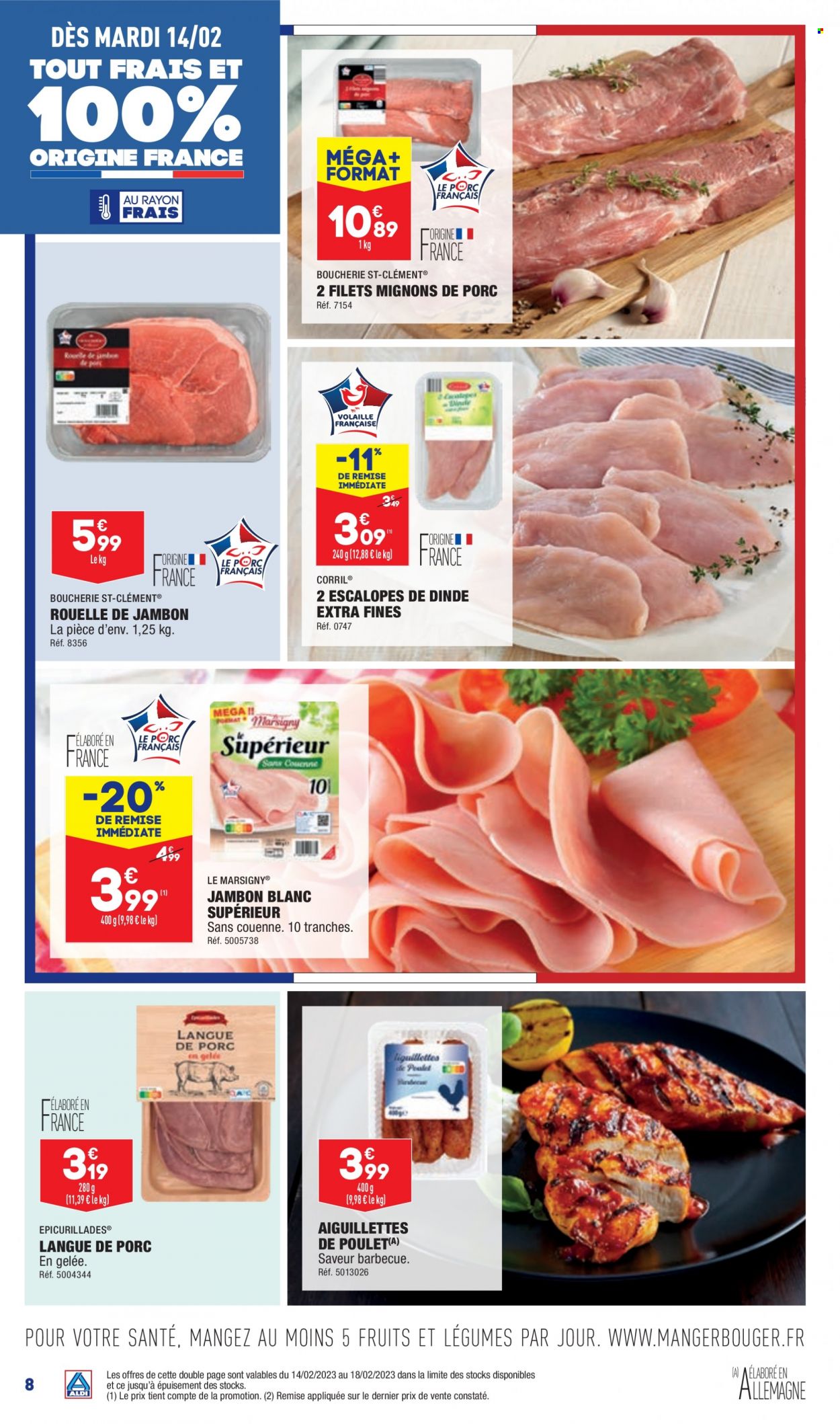 thumbnail - Catalogue ALDI - 14/02/2023 - 20/02/2023 - Produits soldés - escalope, filet mignon, viande de porc, viande de poulet, viande de dinde, escalope de dinde, escalope de poulet, rouelle de jambon, jambon blanc. Page 11.