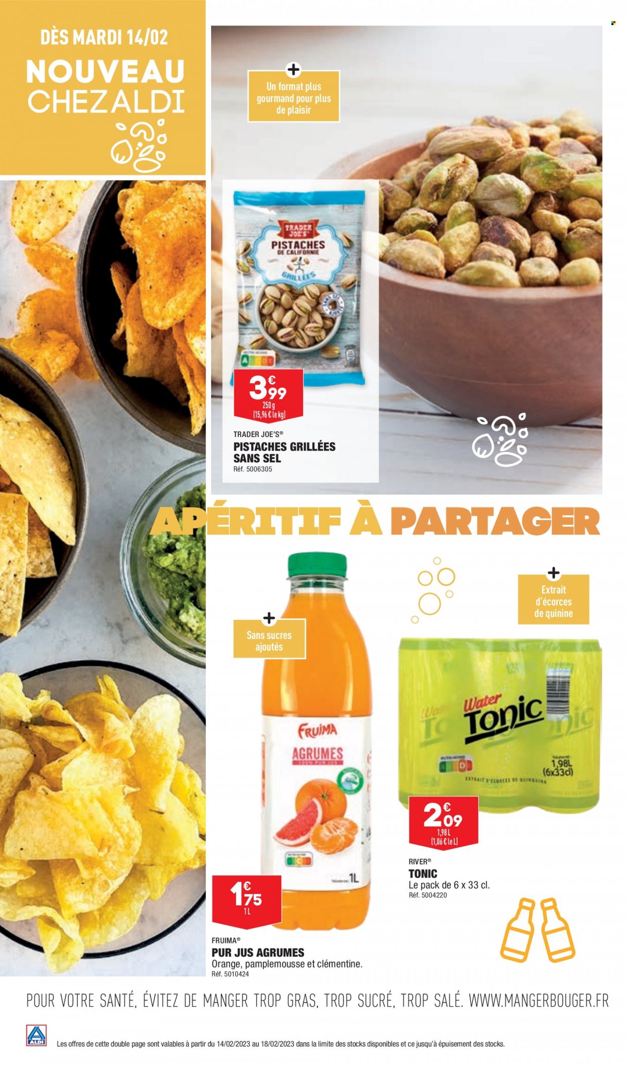 thumbnail - Catalogue ALDI - 14/02/2023 - 20/02/2023 - Produits soldés - jus, pistache, pur jus, tonic, apéritif, agrumes. Page 13.