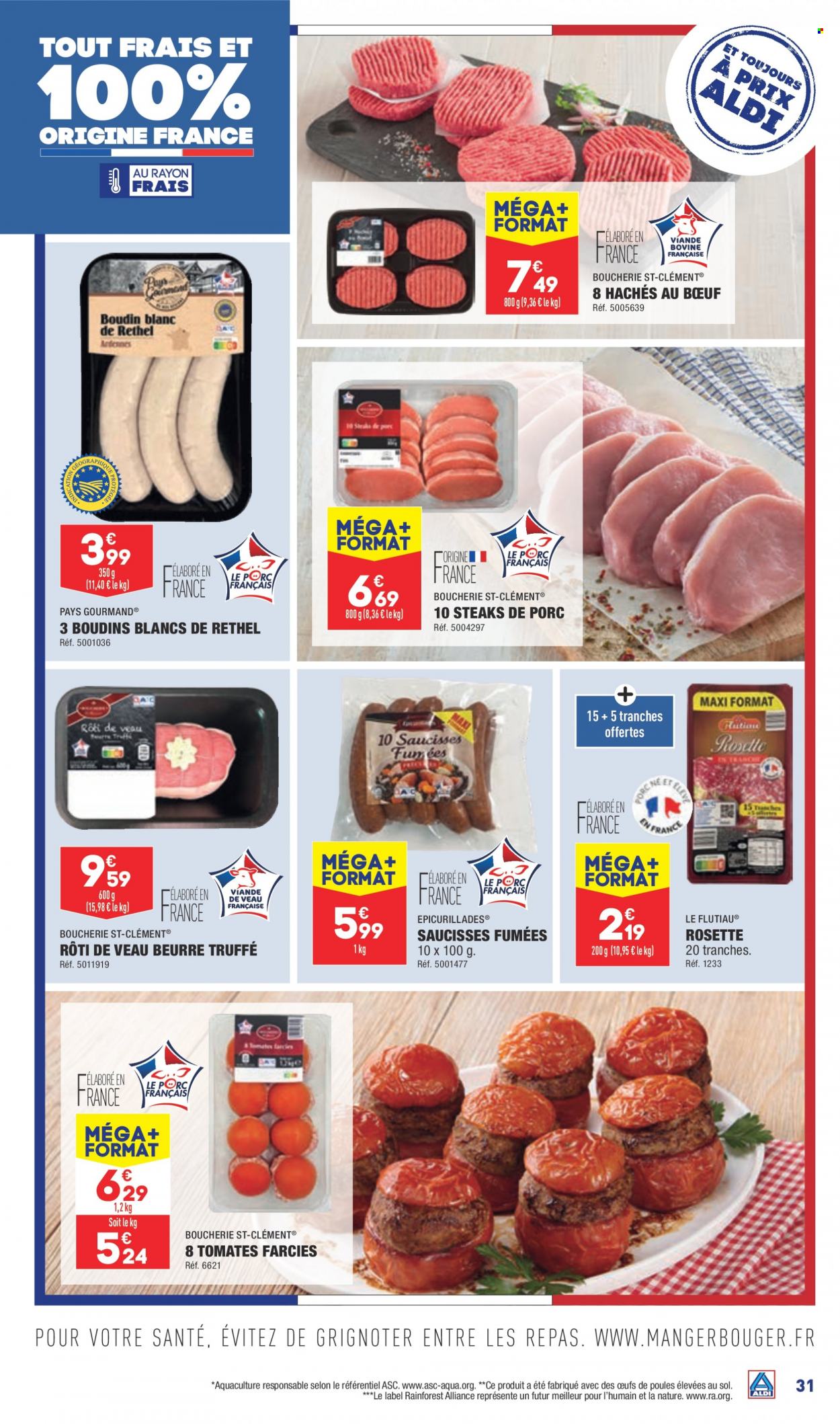 thumbnail - Catalogue ALDI - 14/02/2023 - 20/02/2023 - Produits soldés - steak, truffe, viande de veau, tomate farcie, rosette, boudin blanc, saucisse, beurre. Page 36.