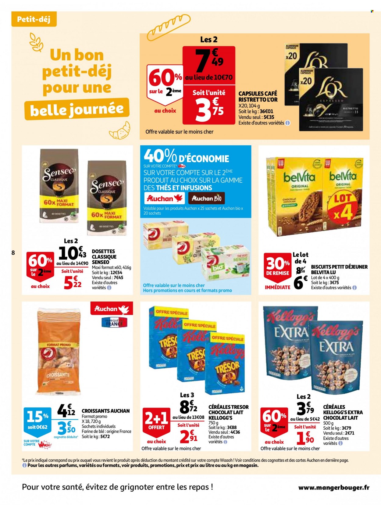 thumbnail - Catalogue Auchan - 07/02/2023 - 13/02/2023 - Produits soldés - croissant, biscuits, Kellogg's, LU, farine, céréales, menthe, café, Senseo, café capsules. Page 8.
