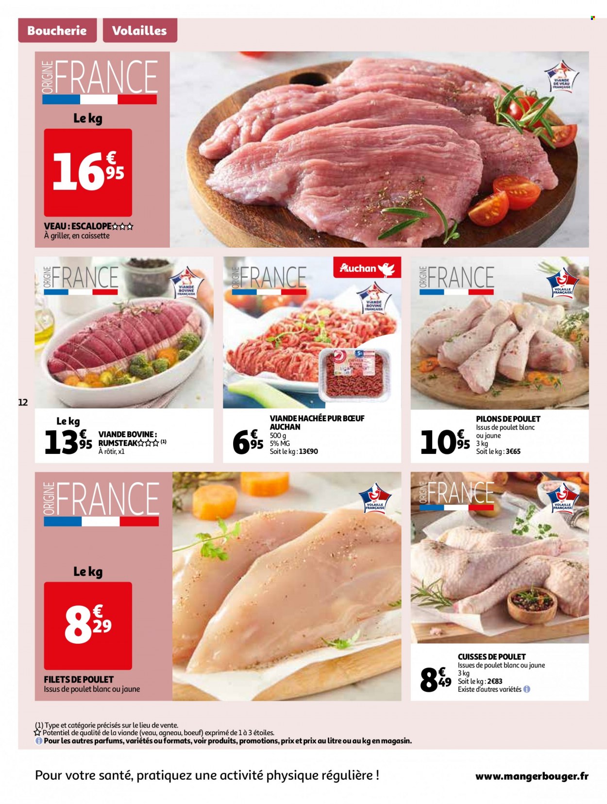 thumbnail - Catalogue Auchan - 07/02/2023 - 13/02/2023 - Produits soldés - escalope, filet de poulet, cuisses de poulet, viande de poulet, pilons de poulet, viande de veau, viande hachée. Page 12.