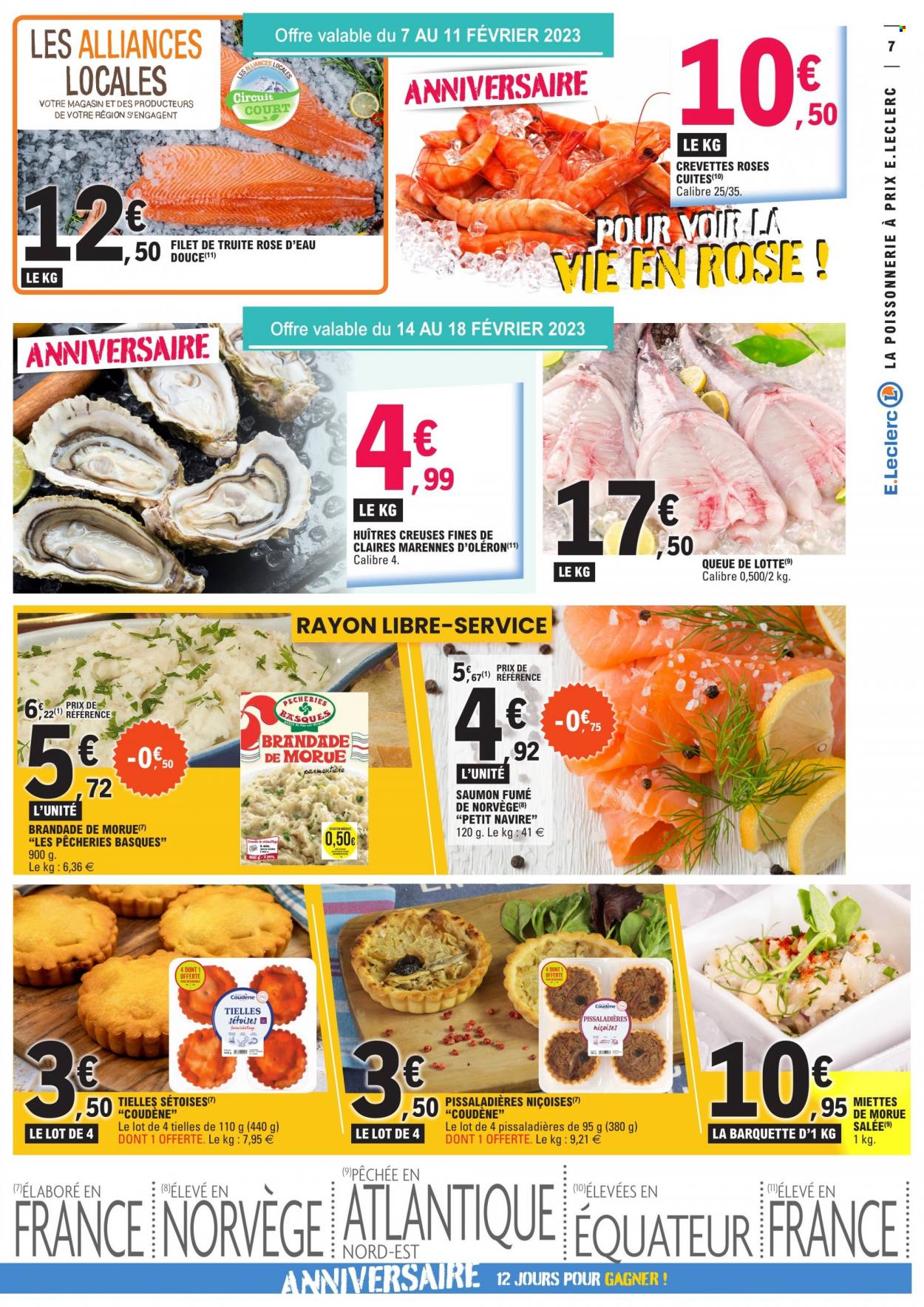 thumbnail - Catalogue E.Leclerc - 07/02/2023 - 18/02/2023 - Produits soldés - saumon, crevettes, truite, queue de lotte, Petit Navire, brandade, saumon fumé, farine. Page 7.