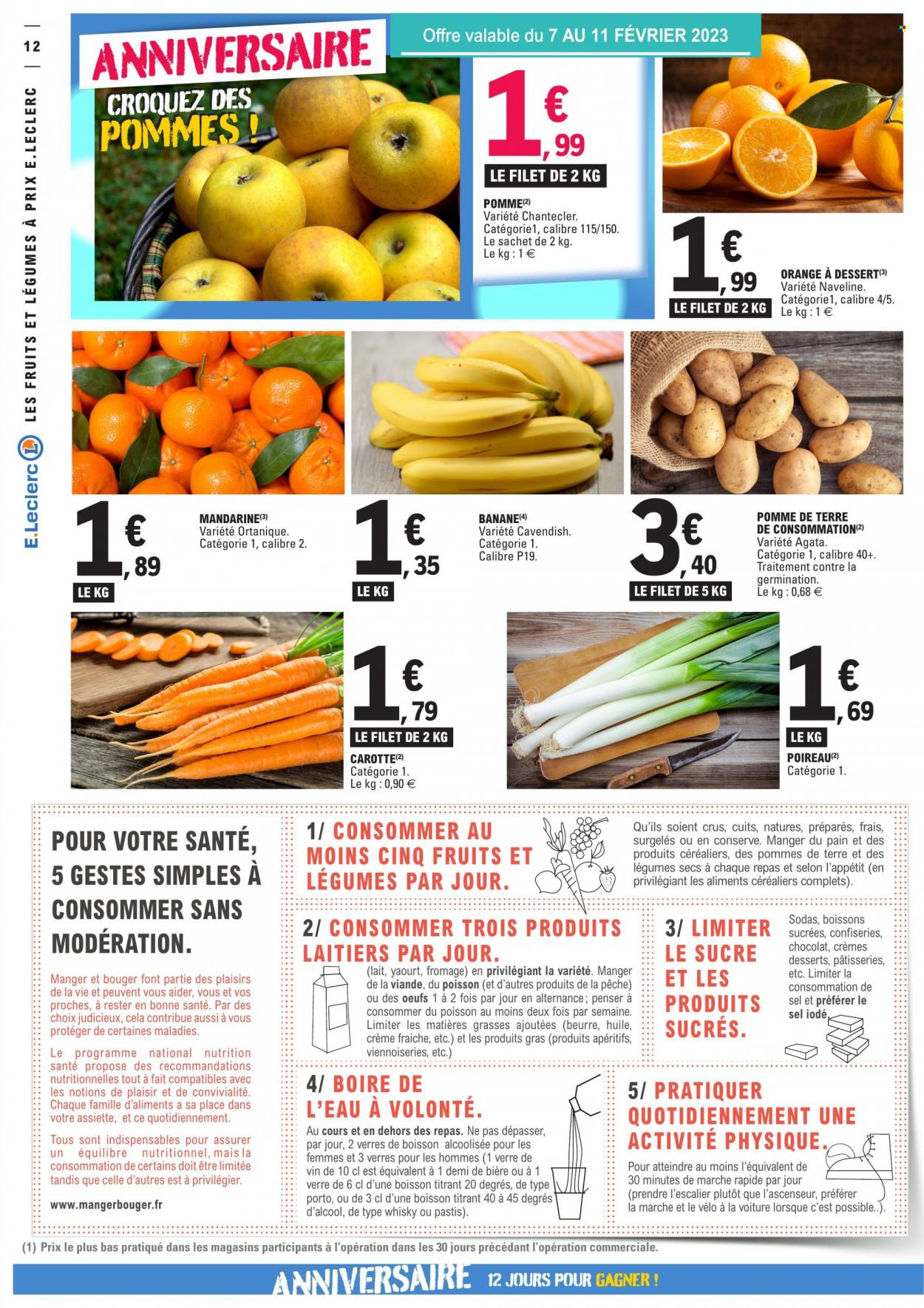 thumbnail - Catalogue E.Leclerc - 07/02/2023 - 18/02/2023 - Produits soldés - mandarines, carotte, poireau, pommes de terre, crème fraîche, verre. Page 12.