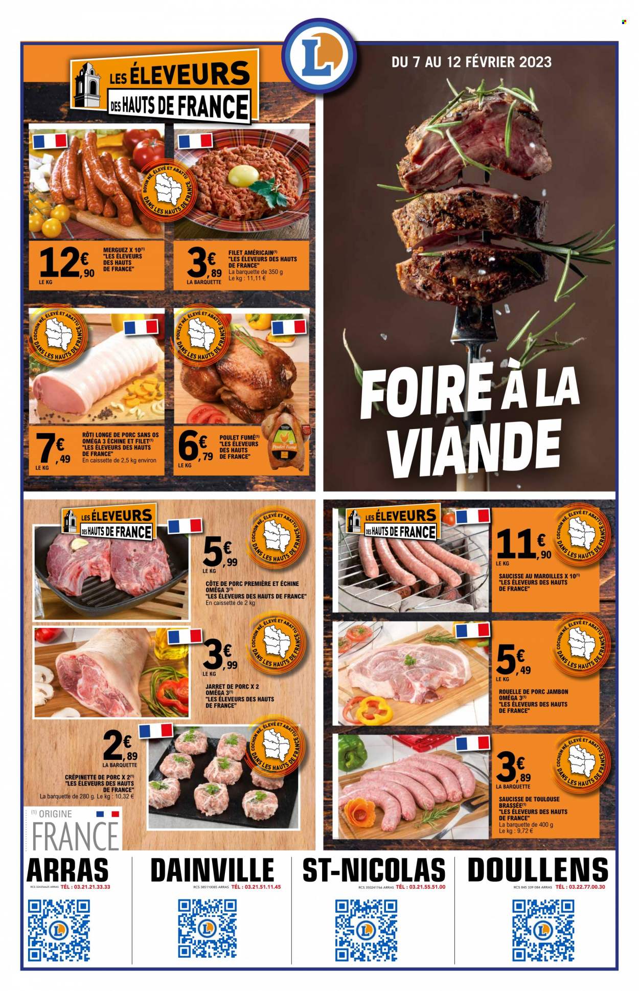 thumbnail - Catalogue E.Leclerc - 07/02/2023 - 12/02/2023 - Produits soldés - côtes de porc, viande de porc, longe de porc, poulet, jambon, merguez, saucisse. Page 1.