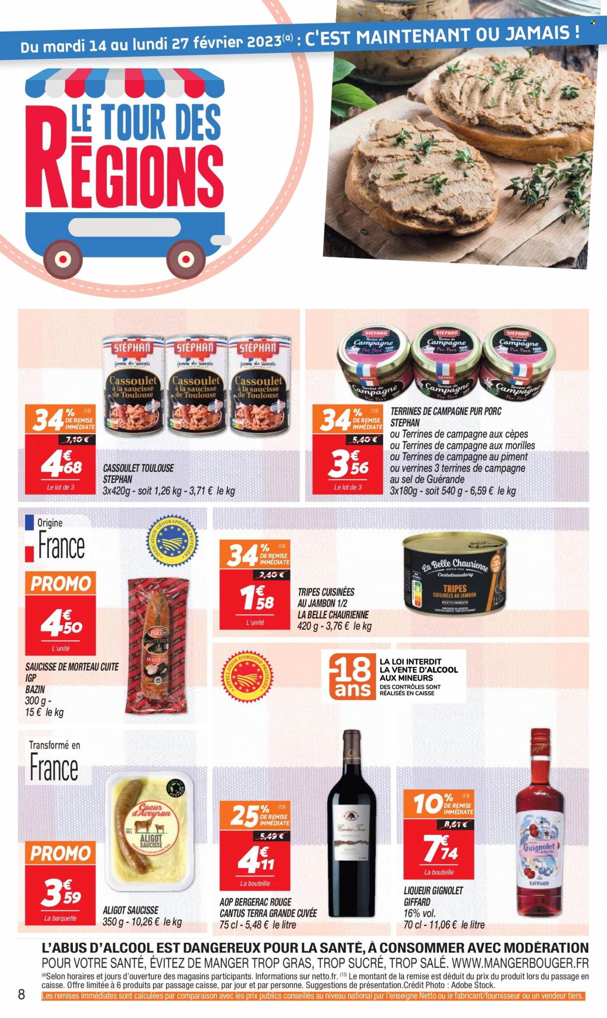 thumbnail - Catalogue Netto - 14/02/2023 - 20/02/2023 - Produits soldés - cassoulet, saucisse, terrine, liqueur. Page 8.