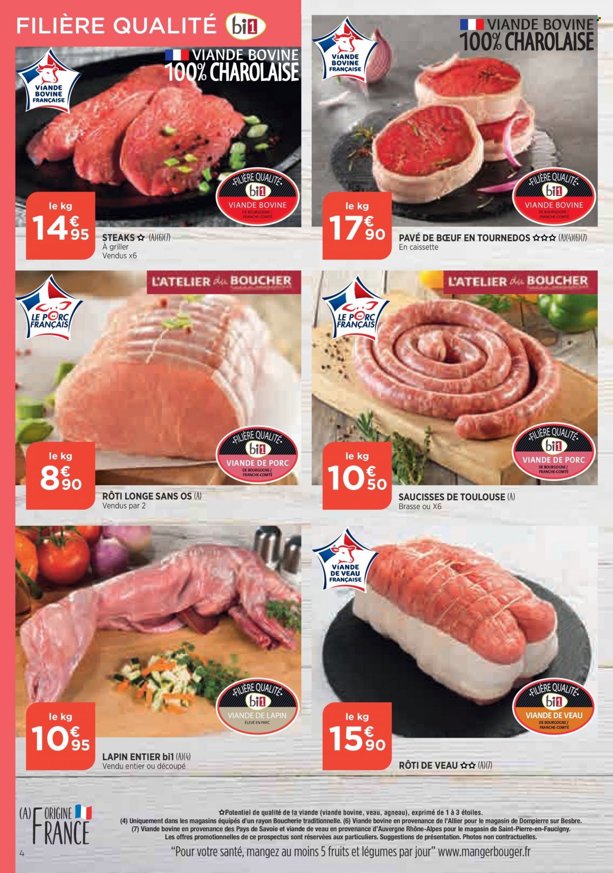 thumbnail - Catalogue Bi1 - 08/02/2023 - 13/02/2023 - Produits soldés - steak, viande de porc, longe de porc, viande de veau, lapin entier, viande de lapin, saucisse, Comté. Page 4.