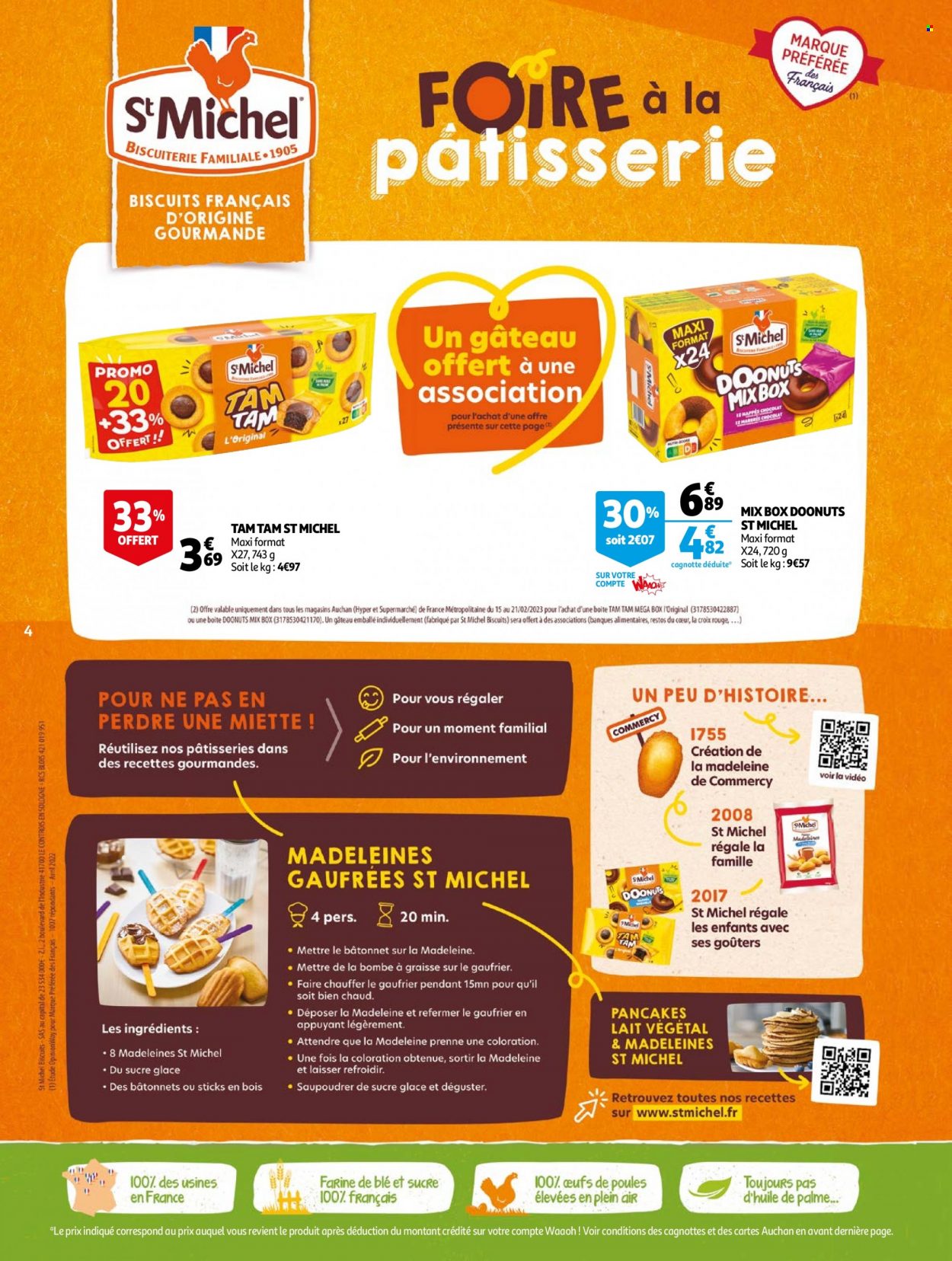 thumbnail - Catalogue Auchan - 14/02/2023 - 20/02/2023 - Produits soldés - madeleines, crêpes, lait végétale, biscuits, Tam Tam, St Michel, farine, sucre glace. Page 4.