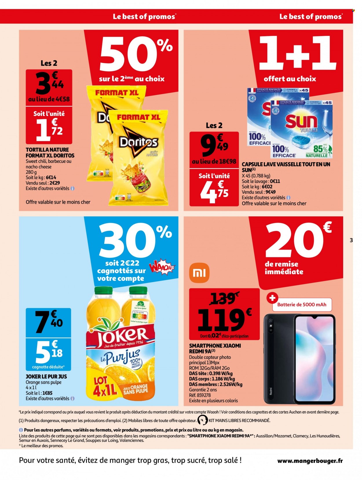 thumbnail - Catalogue Auchan - 14/02/2023 - 20/02/2023 - Produits soldés - Doritos, nacho, jus, Joker, jus d'orange, pur jus, Xiaomi, smartphone, barbecue. Page 3.
