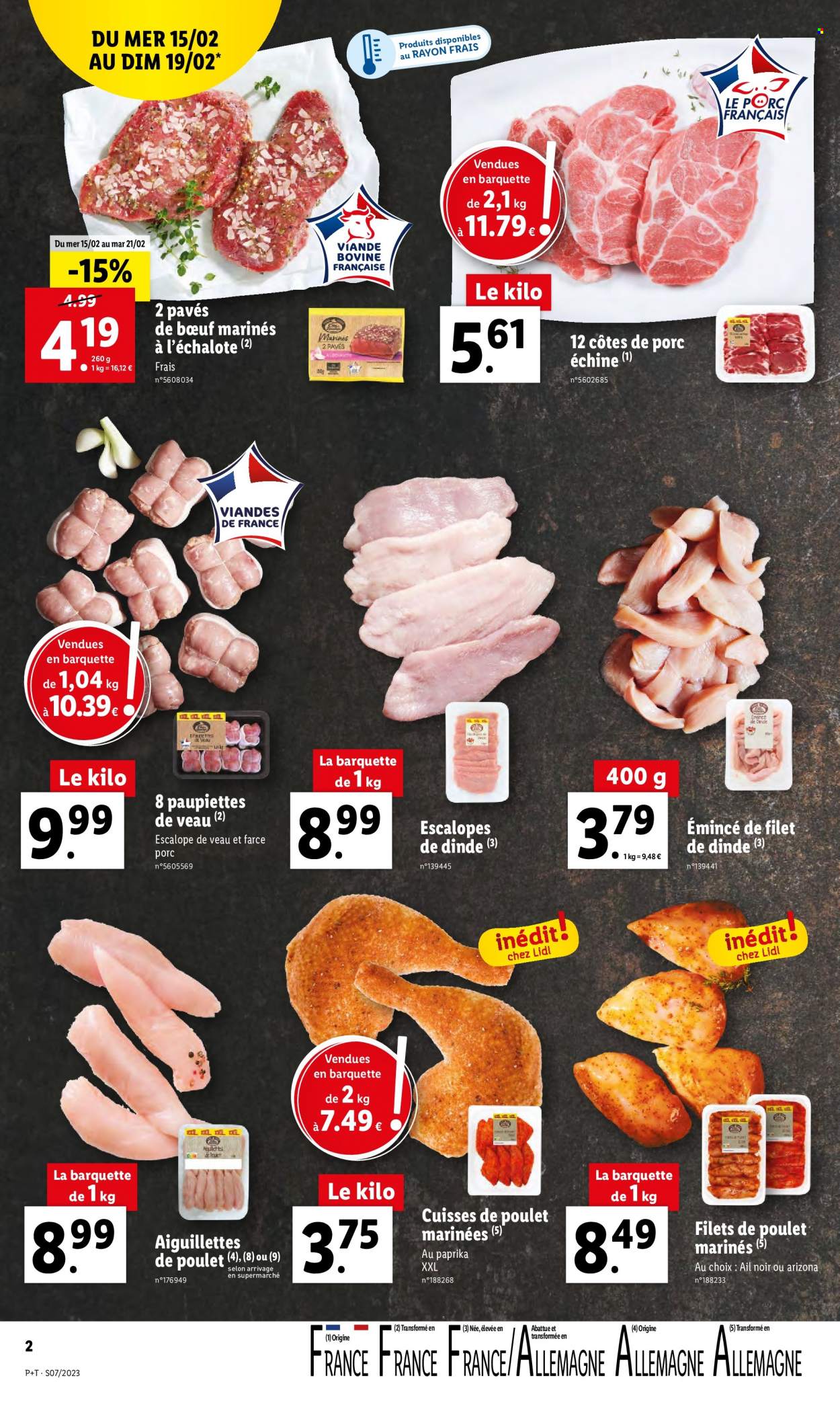 thumbnail - Catalogue Lidl - 15/02/2023 - 21/02/2023 - Produits soldés - côtes de porc, côtes de porc échine, escalope, viande de porc, paupiette, ail, filet de poulet, cuisses de poulet, viande de poulet, viande de dinde, escalope de dinde, escalope de poulet, escalope de veau. Page 2.
