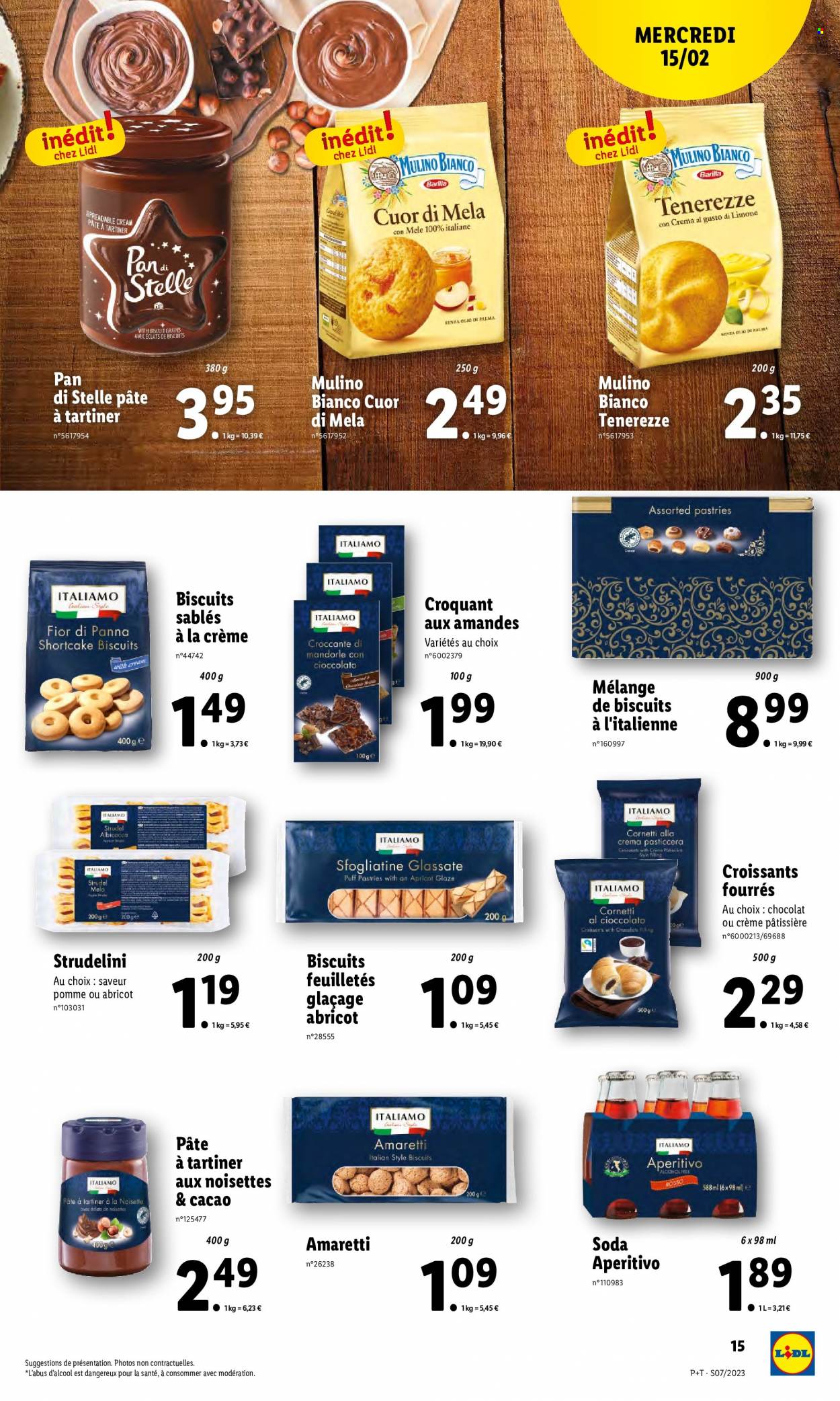 thumbnail - Catalogue Lidl - 15/02/2023 - 21/02/2023 - Produits soldés - croissant, pâte à tartiner, crème pâtissière, biscuits, sablés, soda. Page 15.