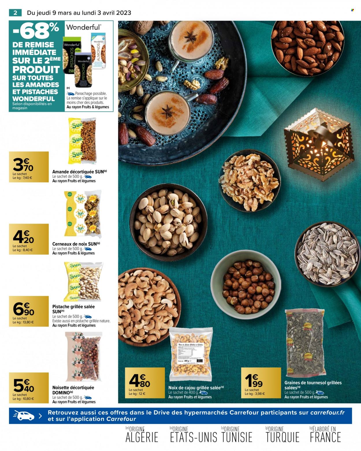 thumbnail - Catalogue Carrefour Hypermarchés - 09/03/2023 - 03/04/2023 - Produits soldés - pistache, noix de cajou, cerneaux de noix, noix, aliment pour oiseaux. Page 2.