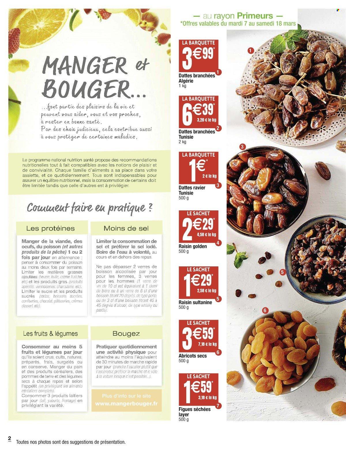 thumbnail - Catalogue Cora - 07/03/2023 - 25/03/2023 - Produits soldés - viande, pommes de terre, poisson, yaourt, crème fraîche, datte, raisins, verre. Page 2.