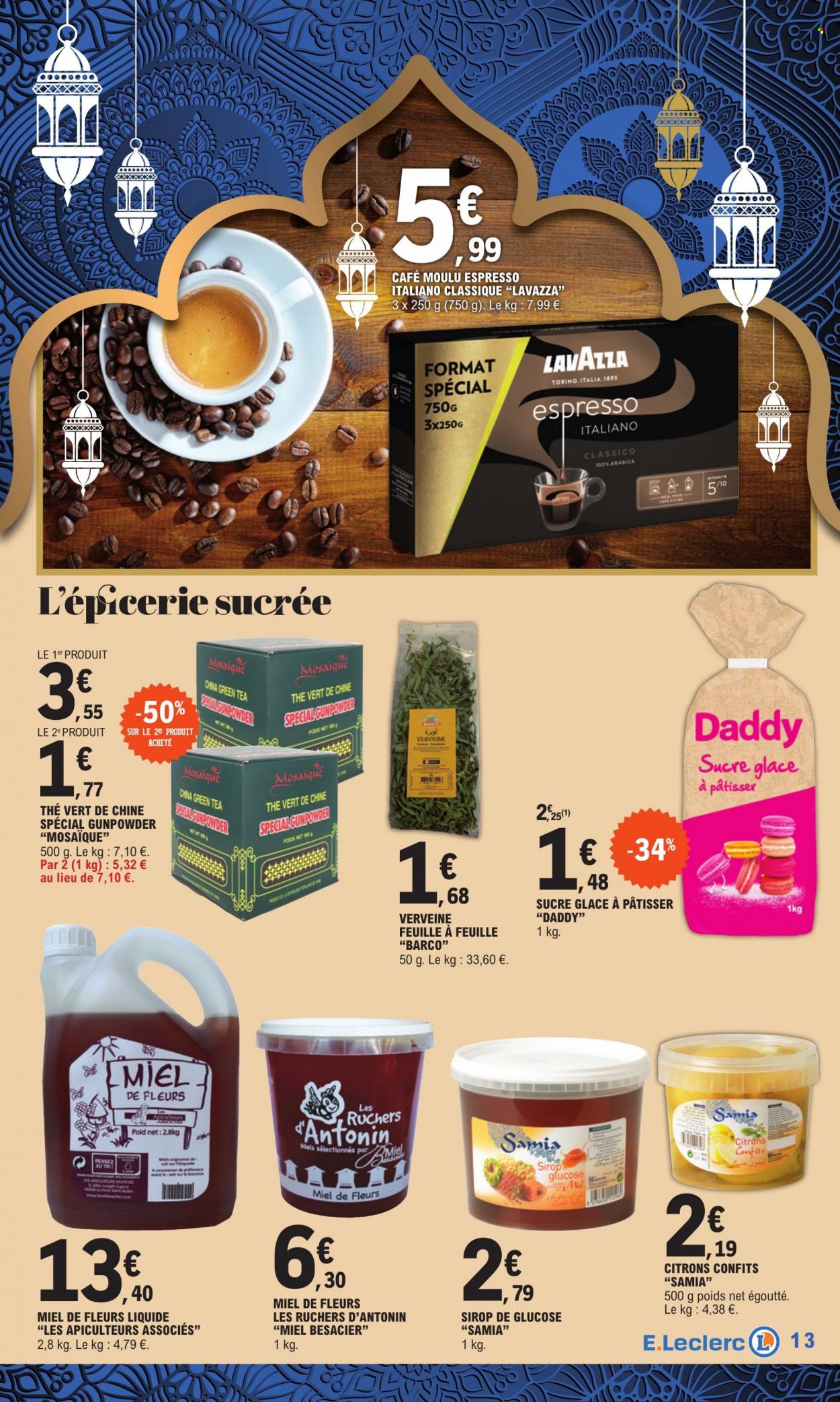 thumbnail - Catalogue E.Leclerc - 07/03/2023 - 25/03/2023 - Produits soldés - sucre, sucre glace, sirop, miel, thé, thé vert, café moulu, Lavazza, raquette. Page 13.