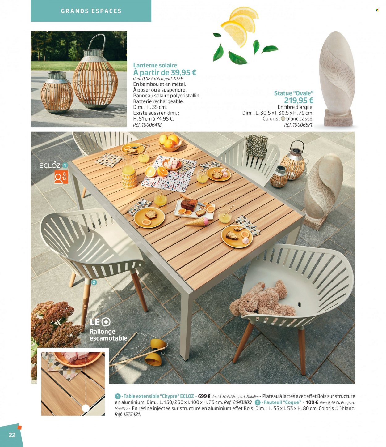thumbnail - Catalogue Jardiland - 01/03/2023 - 18/06/2023 - Produits soldés - table, table extensible, fauteuil, lanterne. Page 22.