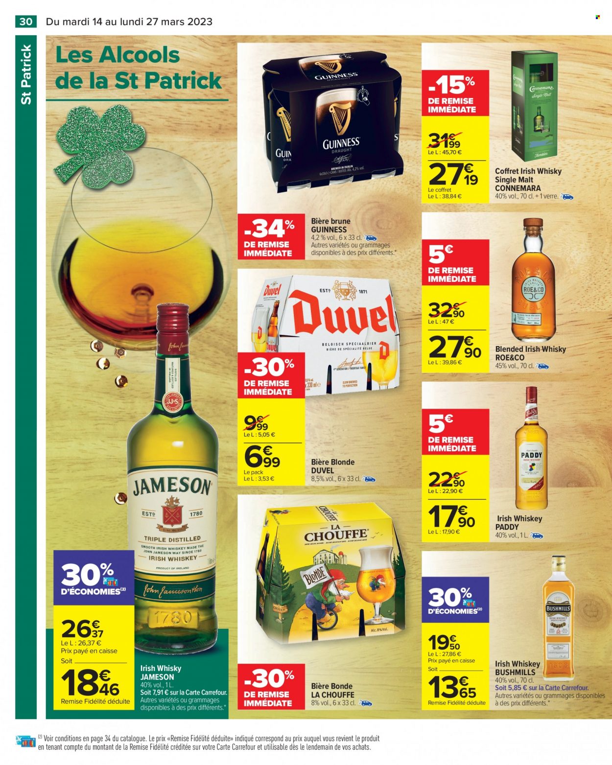 thumbnail - Catalogue Carrefour Hypermarchés - 14/03/2023 - 27/03/2023 - Produits soldés - bière brune, bière, bière blonde, alcool, Jameson, whisky, verre. Page 30.