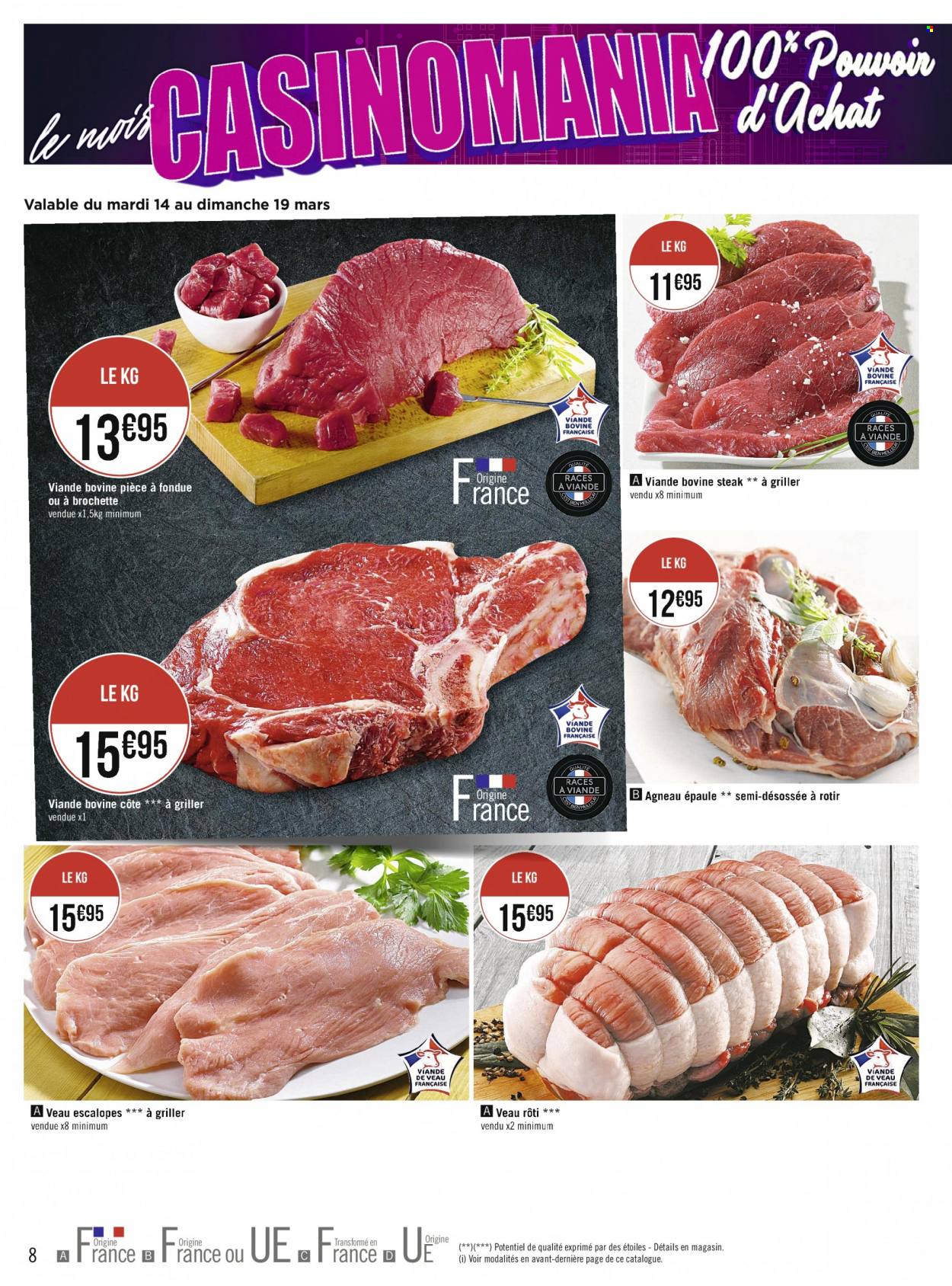thumbnail - Catalogue Casino Supermarchés - 13/03/2023 - 26/03/2023 - Produits soldés - steak, escalope, pièce à fondue, viande, viande d'agneau. Page 8.