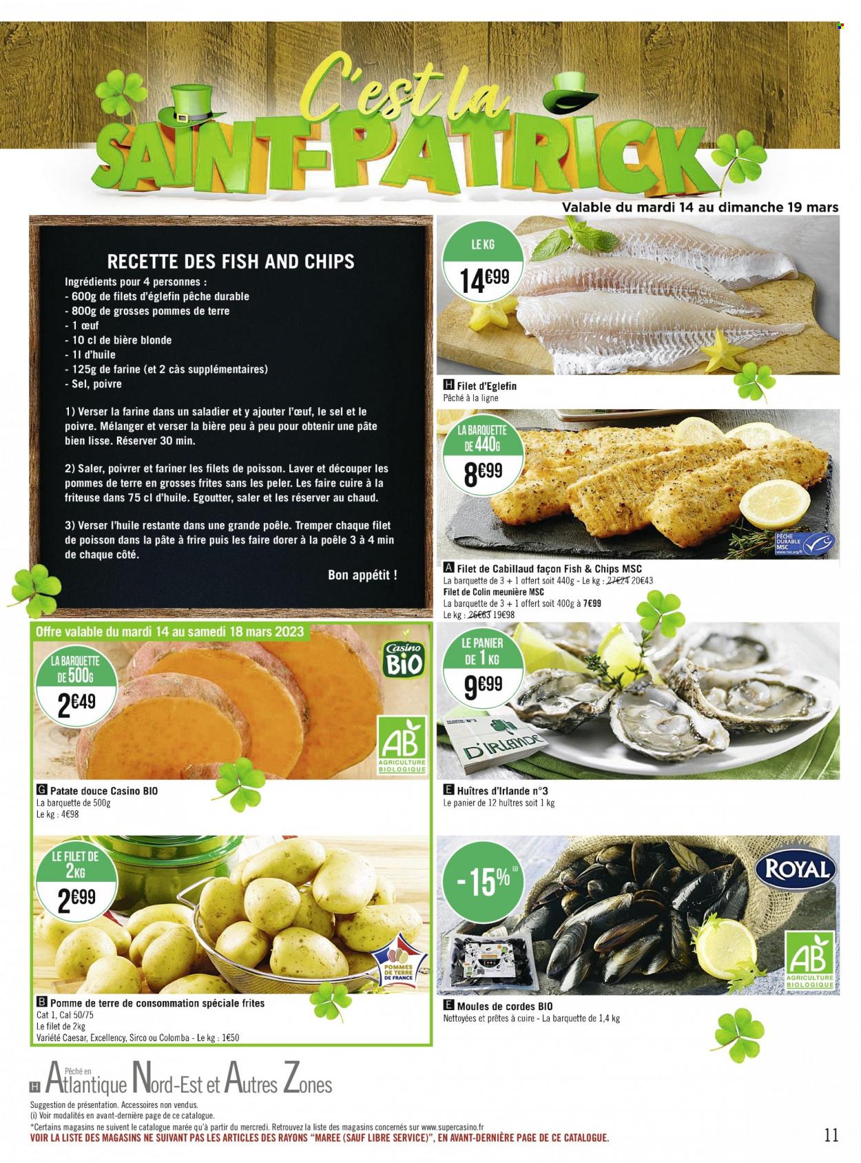 thumbnail - Catalogue Casino Supermarchés - 13/03/2023 - 26/03/2023 - Produits soldés - bière blonde, pommes de terre, cabillaud, colin, huître, moules, eglefin, poisson. Page 11.