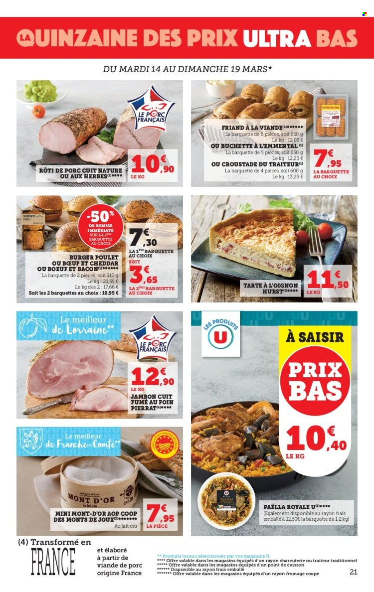 thumbnail - Catalogue SUPER U - 14/03/2023 - 26/03/2023 - Produits soldés - rôti de porc, viande, tarte, paella, jambon, bacon, Comté, fromage. Page 21.