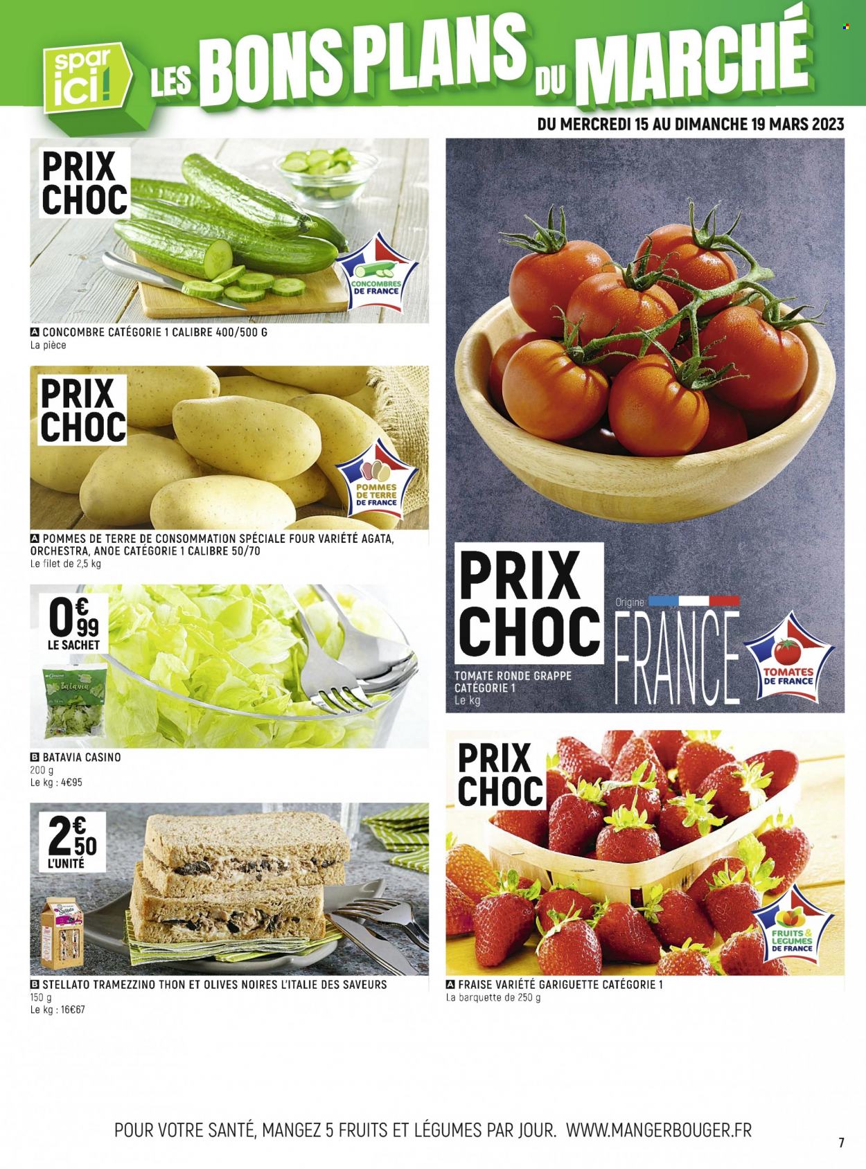thumbnail - Catalogue Spar Supermarché - 15/03/2023 - 26/03/2023 - Produits soldés - tomates, salade batavia, concombre, thon, olives, olives noires. Page 7.