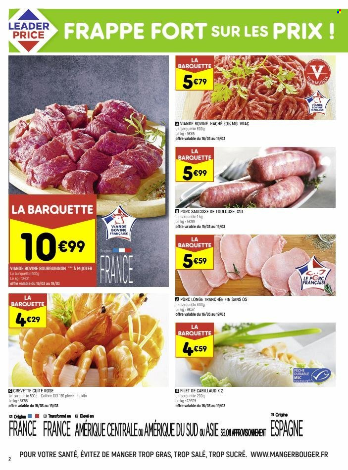 thumbnail - Catalogue Leader Price - 14/03/2023 - 26/03/2023 - Produits soldés - viande, cabillaud, crevettes, saucisse. Page 2.