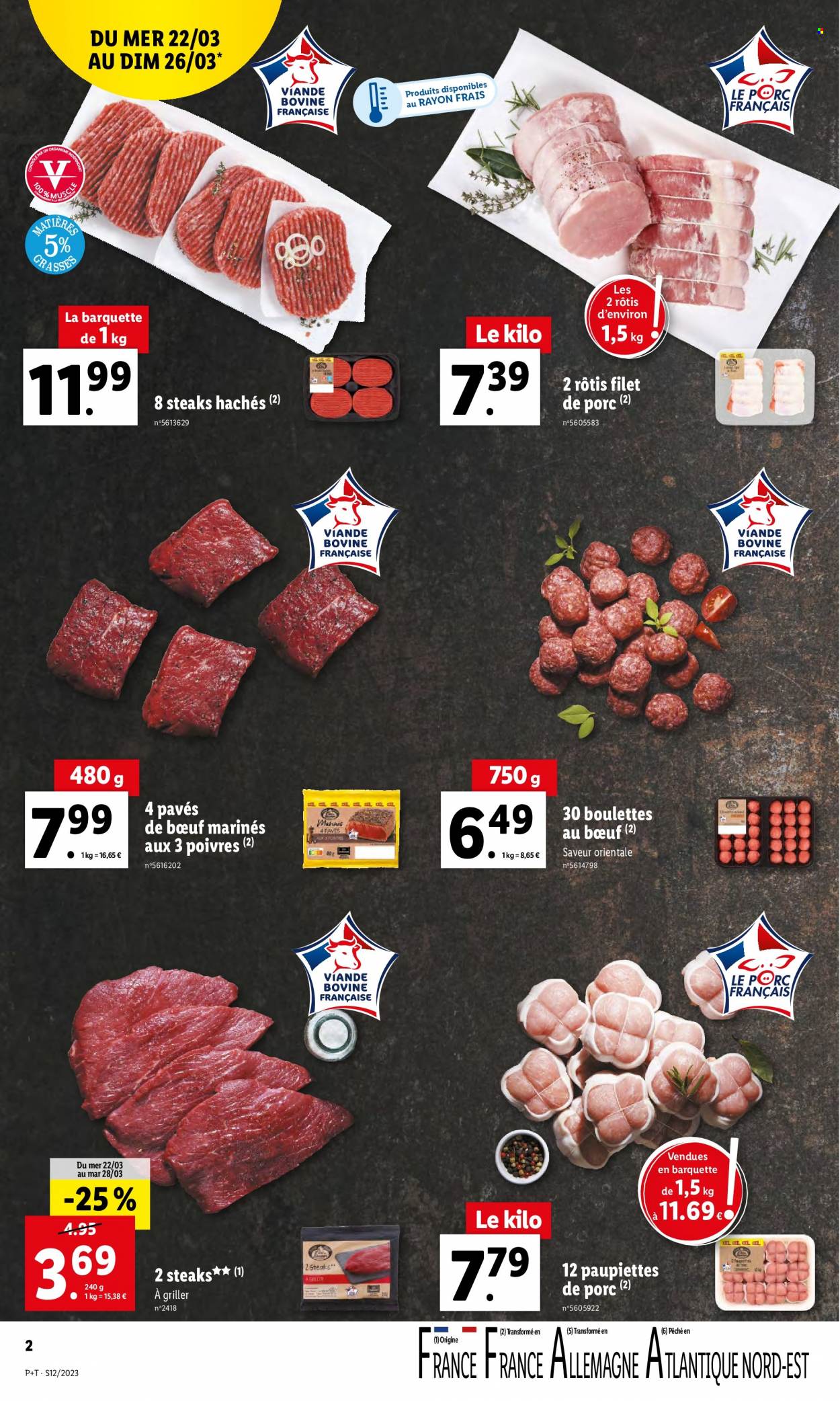 thumbnail - Catalogue Lidl - 22/03/2023 - 28/03/2023 - Produits soldés - rôti de porc, viande de porc, paupiette, viande, viande boeuf, steak haché, boulettes de bœuf, viande hachée, pavés. Page 2.