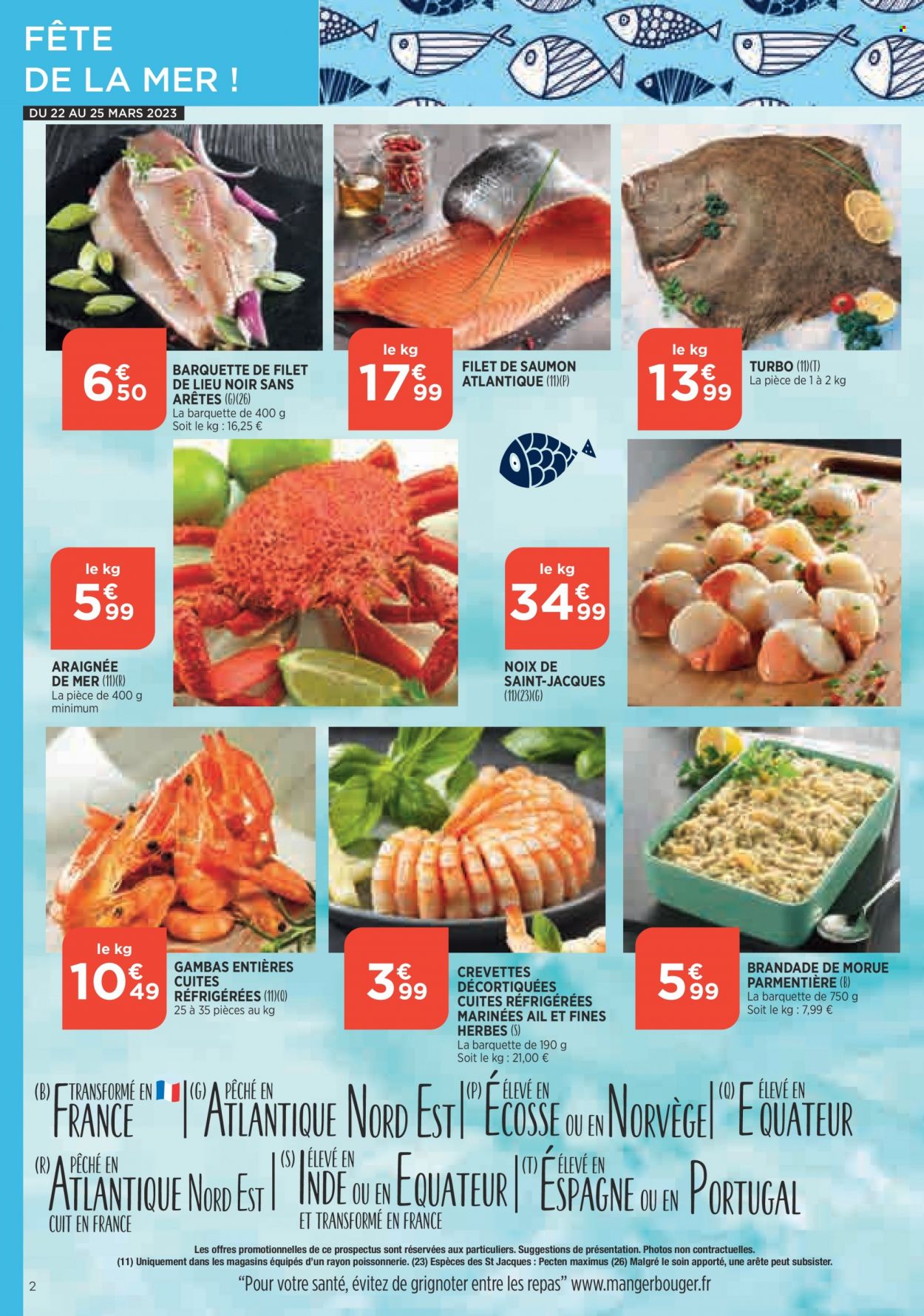 thumbnail - Catalogue Bi1 - 22/03/2023 - 27/03/2023 - Produits soldés - saumon, crevettes, filet de lieu, pavés de saumon, araignée de mer, Noix de St Jacques, brandade, noix. Page 2.