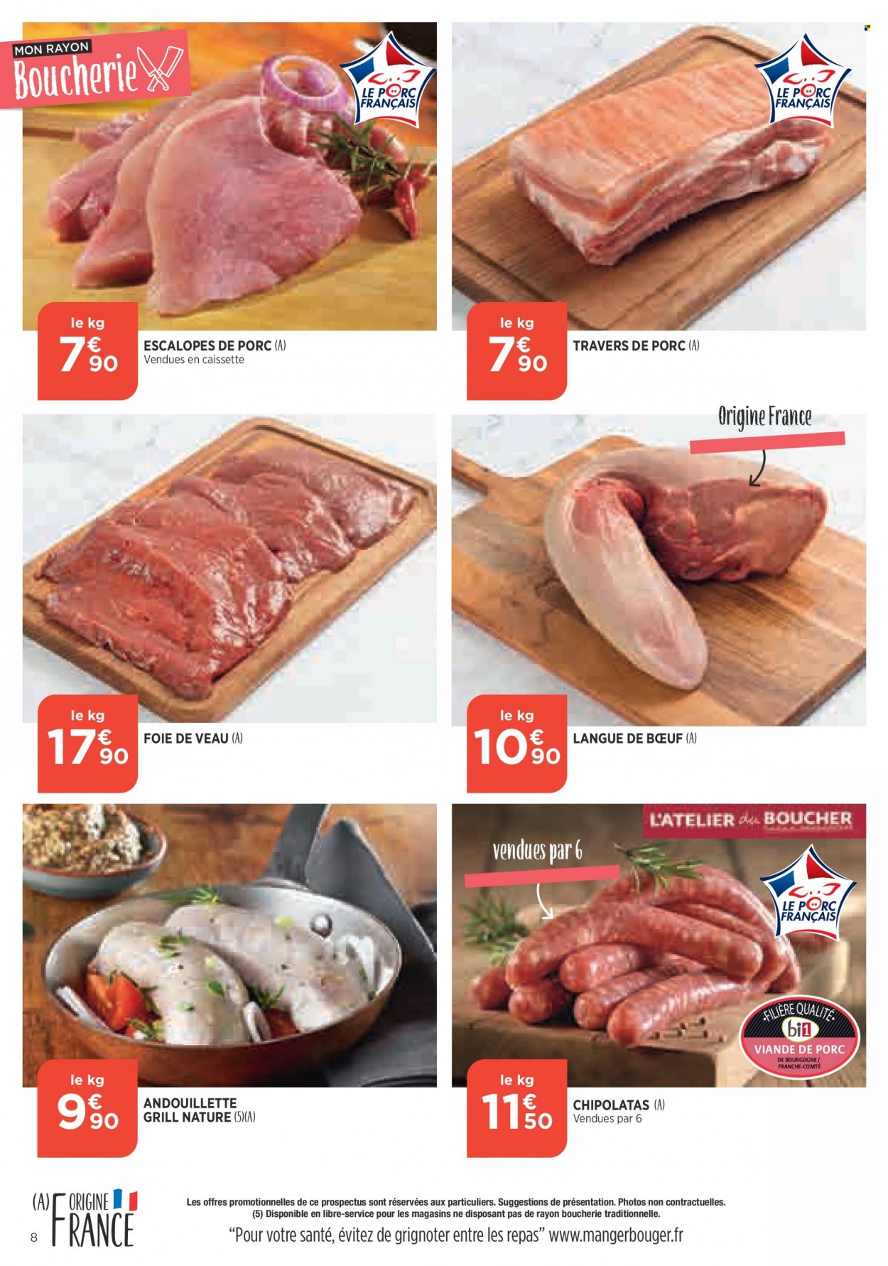 thumbnail - Catalogue Bi1 - 22/03/2023 - 27/03/2023 - Produits soldés - escalope, escalope de porc, viande de porc, viande, viande de veau, langue de bœuf, viande boeuf, andouillette, chipolata, Comté. Page 8.