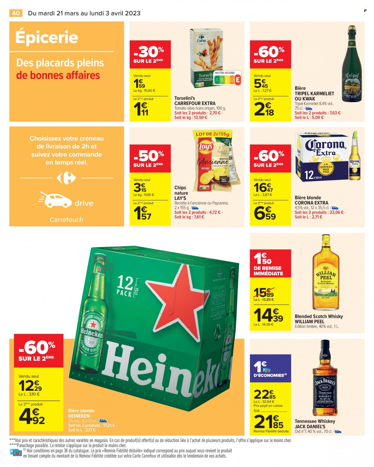 thumbnail - Catalogue Carrefour Hypermarchés - 21/03/2023 - 03/04/2023 - Produits soldés - bière, bière blonde, Corona Extra, Heineken, Kwak, chips, Lay’s, origan, whisky, Jack Daniel. Page 40.