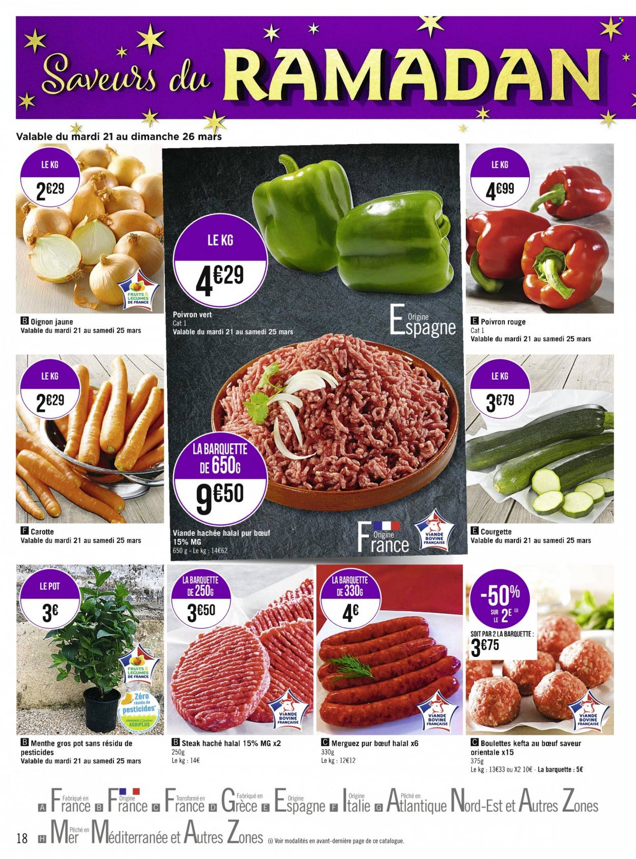 thumbnail - Catalogue Casino Supermarchés - 20/03/2023 - 02/04/2023 - Produits soldés - viande, carotte, courgette, oignons, poivrons, steak haché, viande hachée, merguez, menthe. Page 18.