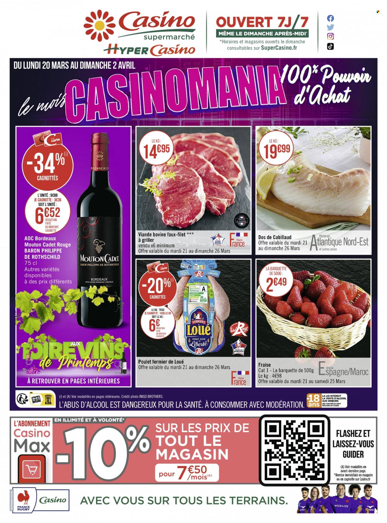 thumbnail - Catalogue Casino Supermarchés - 20/03/2023 - 02/04/2023 - Produits soldés - viande, viande de poulet, cabillaud, Bordeaux, vin rouge. Page 48.