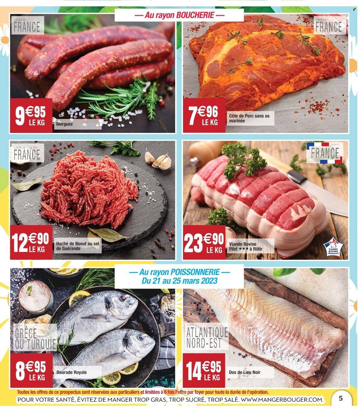 thumbnail - Catalogue Cora - 20/03/2023 - 25/03/2023 - Produits soldés - côtes de porc, viande de porc, viande, viande hachée, dorade, filet de lieu, merguez. Page 5.