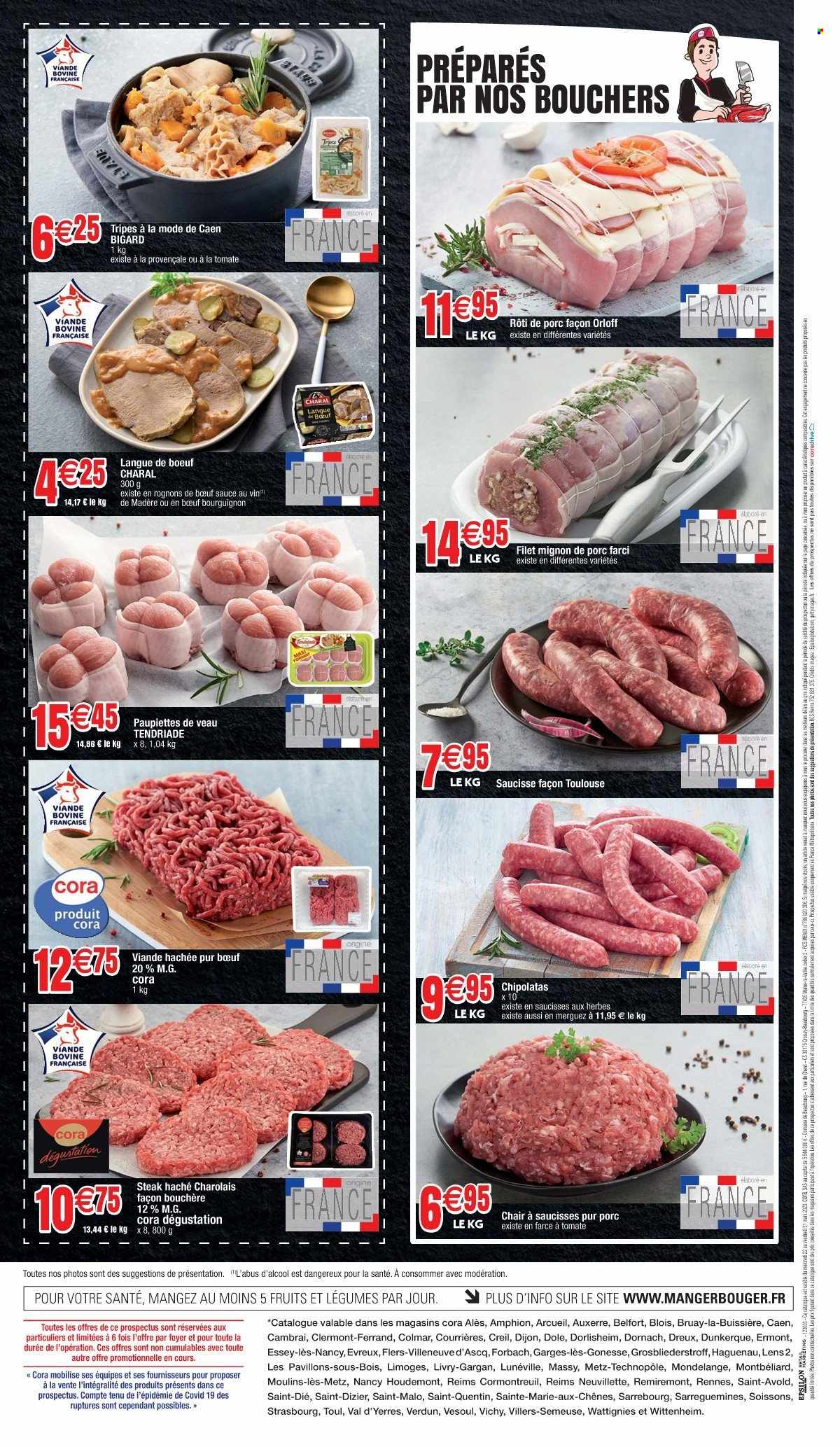 thumbnail - Catalogue Cora - 22/03/2023 - 31/03/2023 - Produits soldés - rôti de porc, viande de porc, paupiette, viande, langue de bœuf, rognons de bœuf, viande boeuf, steak haché, viande hachée, merguez, saucisse, chipolata, Vichy. Page 4.