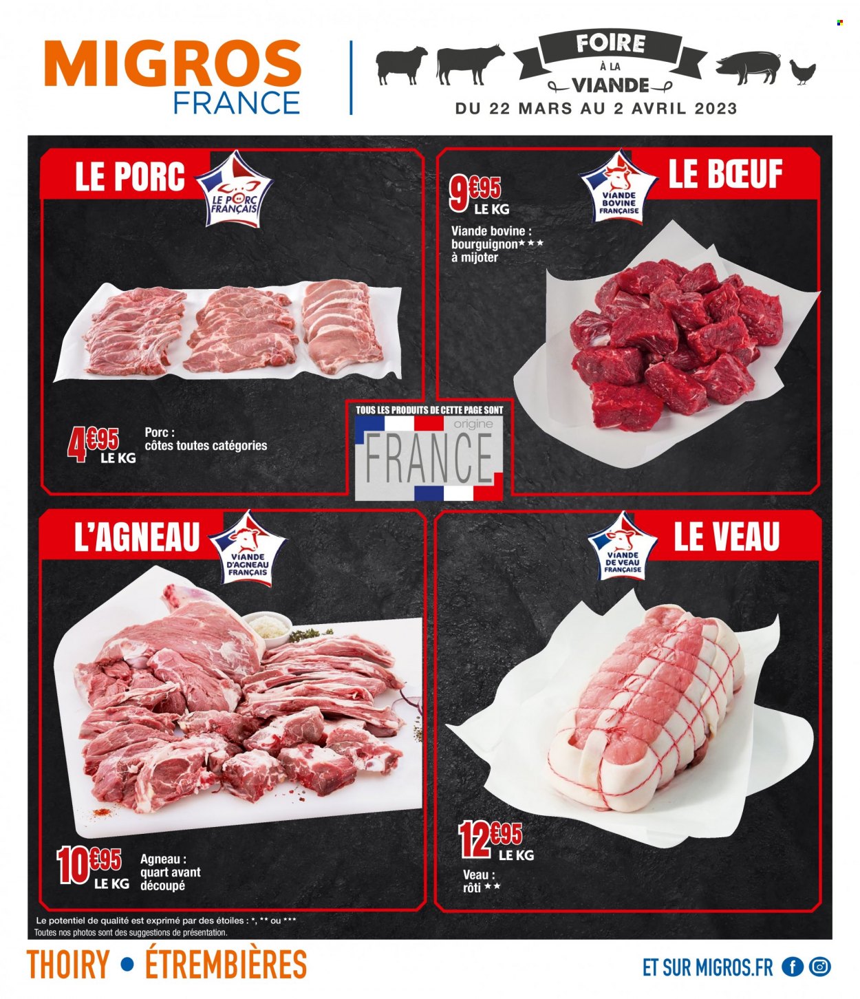thumbnail - Catalogue Migros France - 22/03/2023 - 02/04/2023 - Produits soldés - viande, viande de veau, viande d'agneau. Page 1.