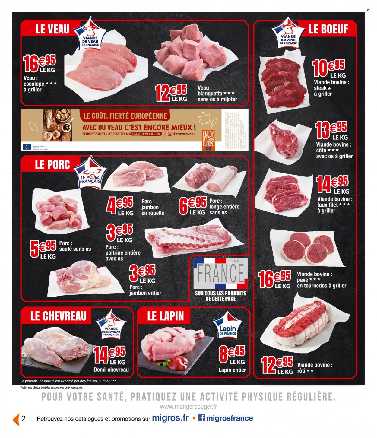 thumbnail - Catalogue Migros France - 22/03/2023 - 02/04/2023 - Produits soldés - steak, escalope, sauté de porc, viande, viande de veau, lapin entier, viande de lapin, jambon. Page 2.