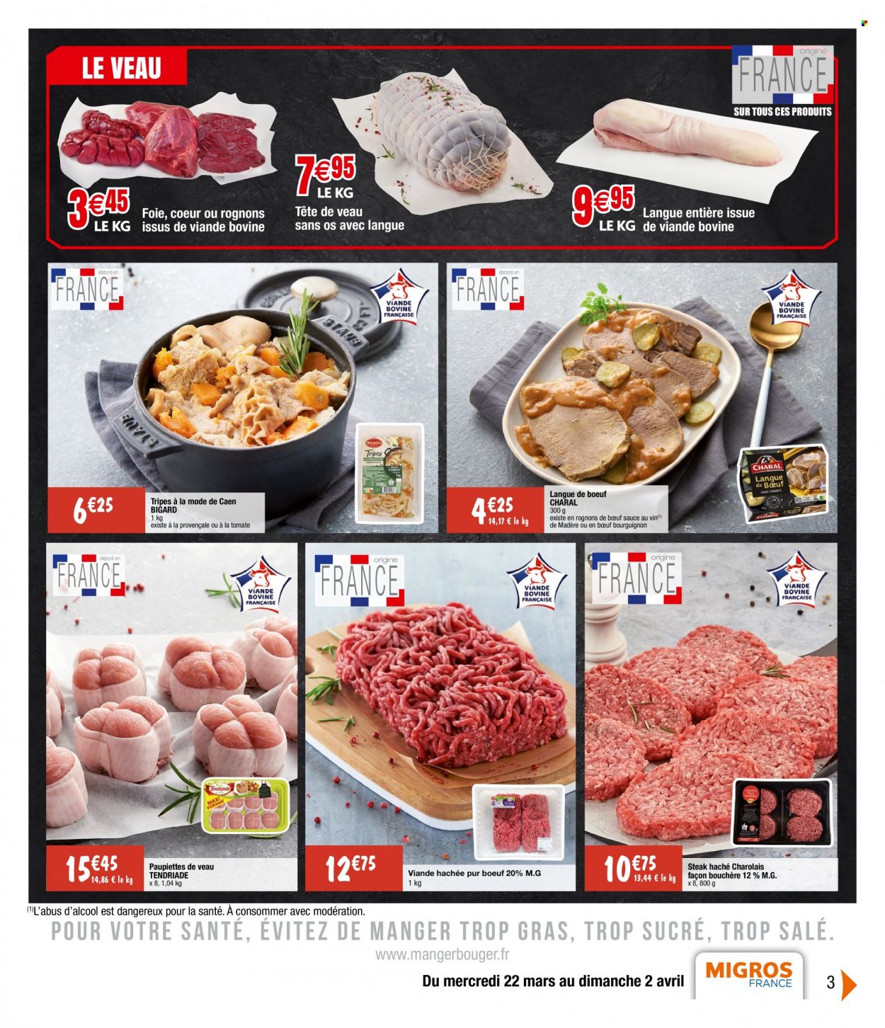 thumbnail - Catalogue Migros France - 22/03/2023 - 02/04/2023 - Produits soldés - paupiette, viande, langue de bœuf, rognons de bœuf, viande boeuf, steak haché, viande hachée. Page 3.