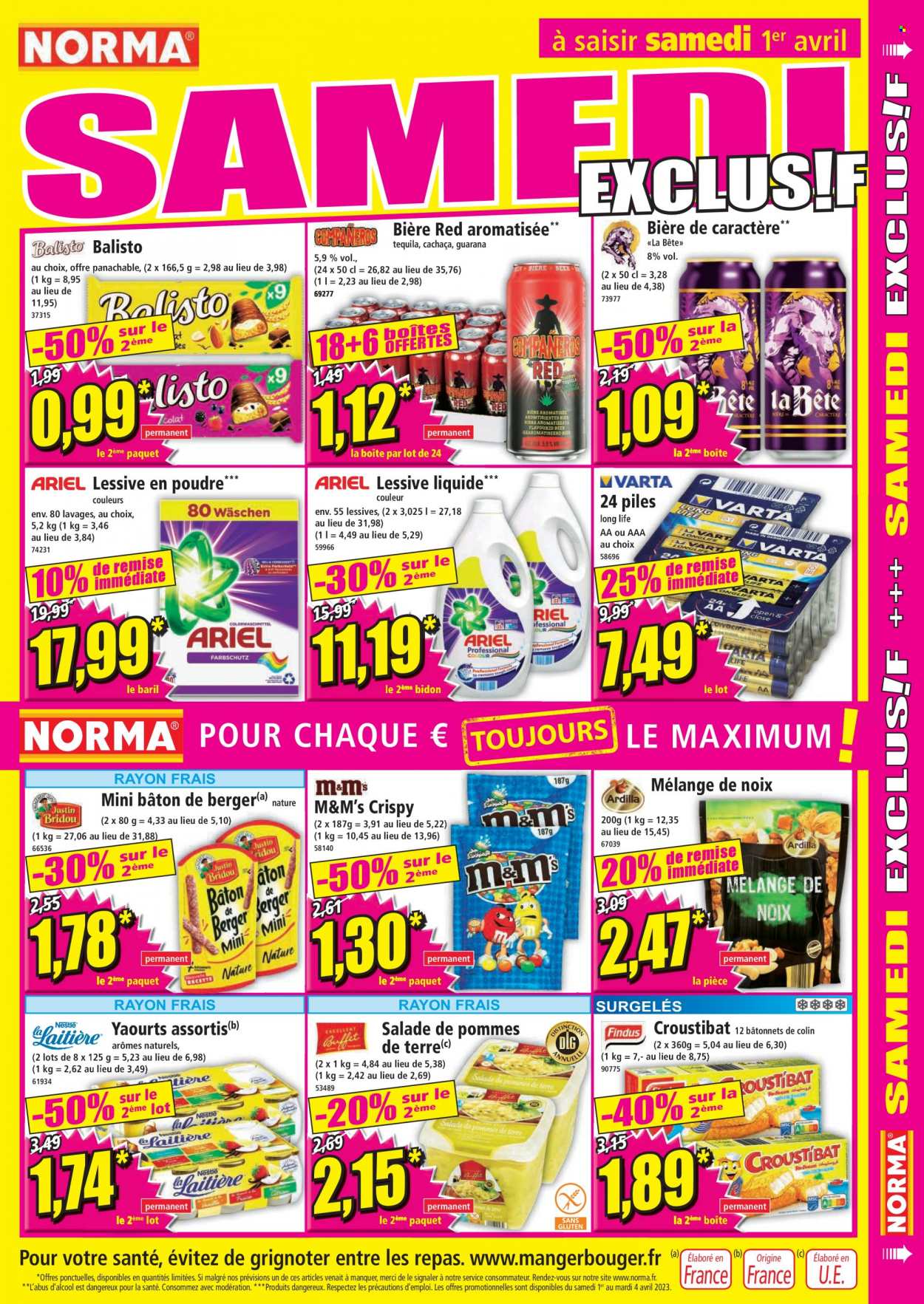 thumbnail - Catalogue Norma - 29/03/2023 - 04/04/2023 - Produits soldés - bière, salade, colin, yaourt, M&M's, noix, tequila, lessive. Page 11.