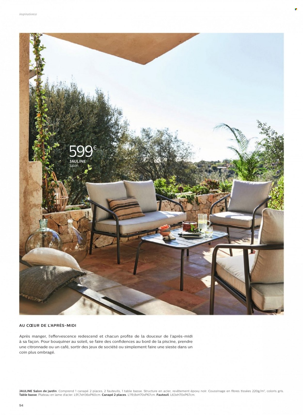 thumbnail - Catalogue alinea - Produits soldés - table, canapé 2 places, fauteuil, table basse, salon de jardin. Page 94.